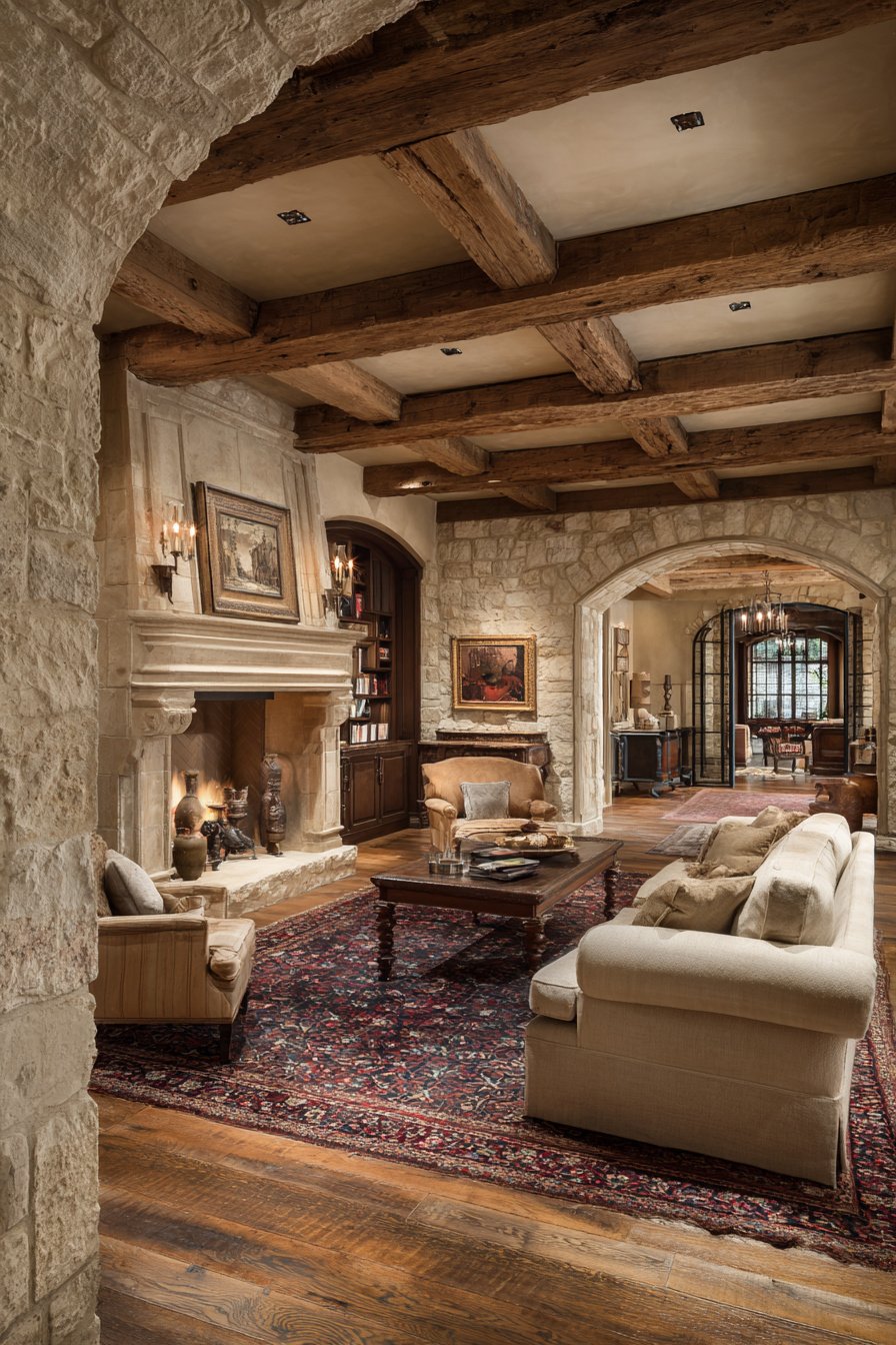 Photorealistic image of luxury $100,000+ French country living room, enclosed floor plan, limestone fireplace, exposed beams, elegant traditional layout, not open concept - Image 1