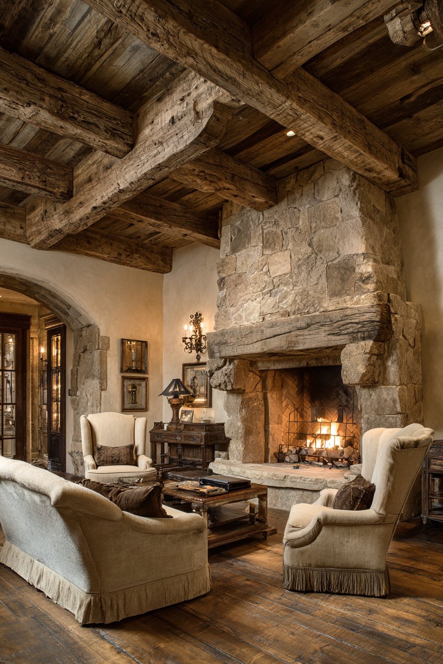 Photorealistic image of luxury French country living room, enclosed and cozy, $100,000+, antique wood beams, stone fireplace, traditional elegance, not open concept