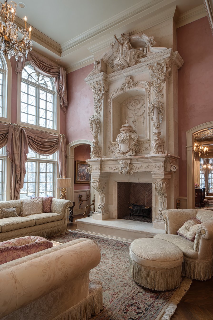 Photorealistic image of luxury French country living room, enclosed formal setting, $100,000+, soft blush and linen palette, ornate fireplace, not open concept - Image 3