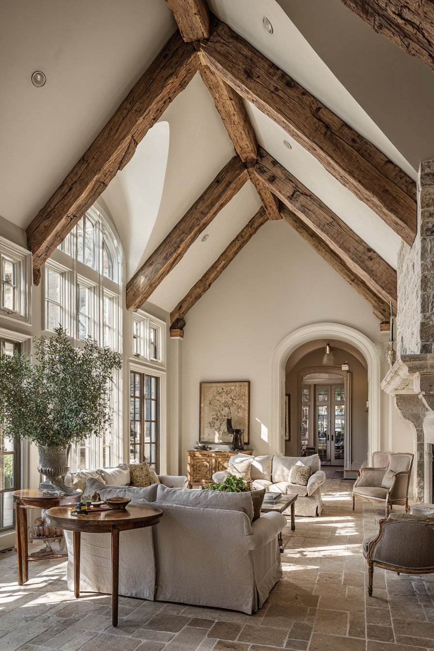 Photorealistic image of luxury French country living room, enclosed formal space, $100,000+, vaulted ceiling with beams, warm neutral colors, not open concept - Image 2