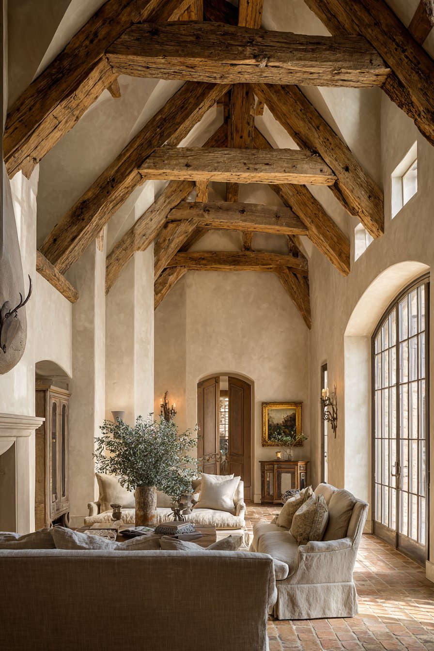 Photorealistic image of luxury French country living room, enclosed formal space, $100,000+, vaulted ceiling with beams, warm neutral colors, not open concept - Image 1