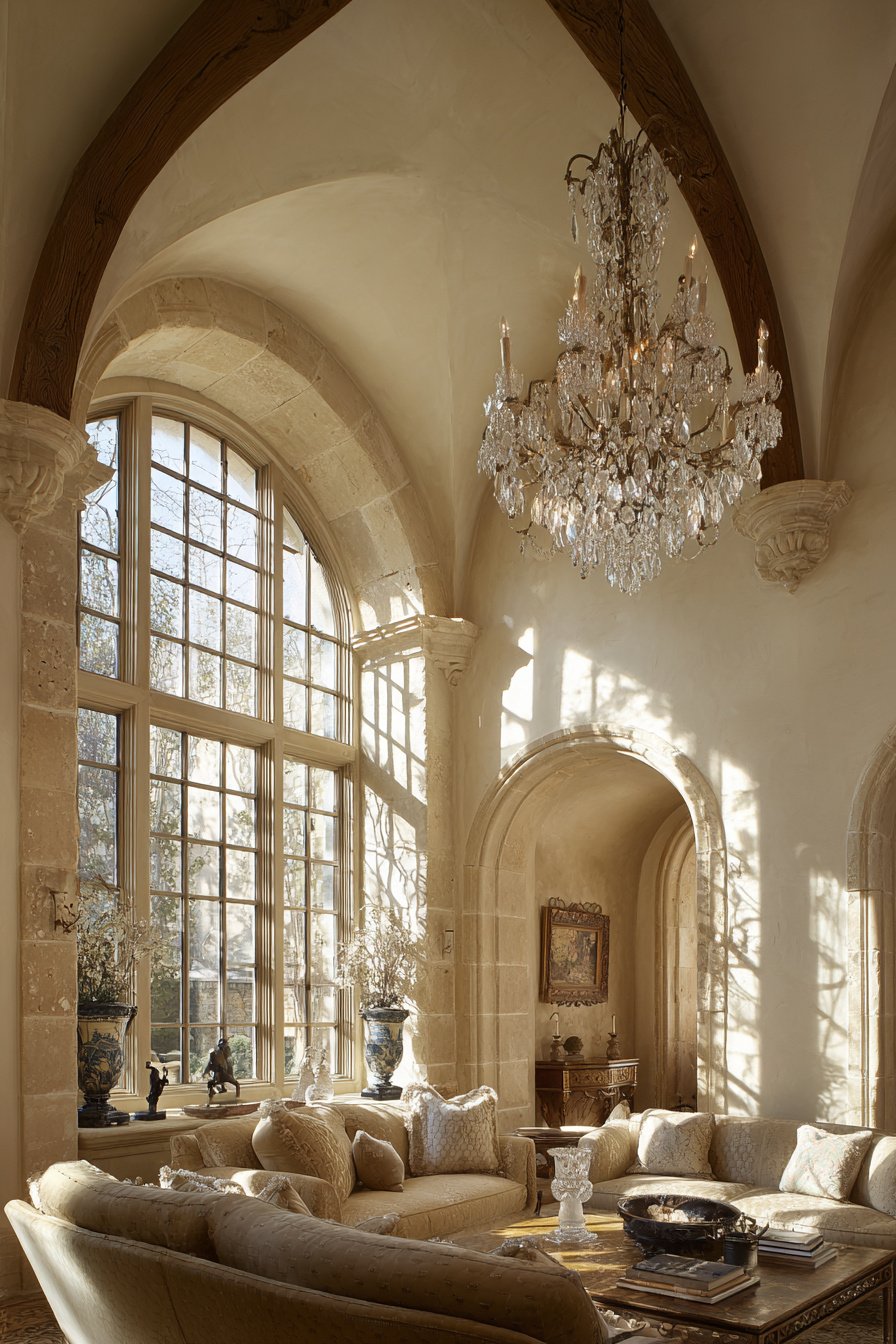 Photorealistic image of luxury French country living room, not open concept, $100,000+, deep arched windows, creamy whites, antique chandelier, formal enclosed design