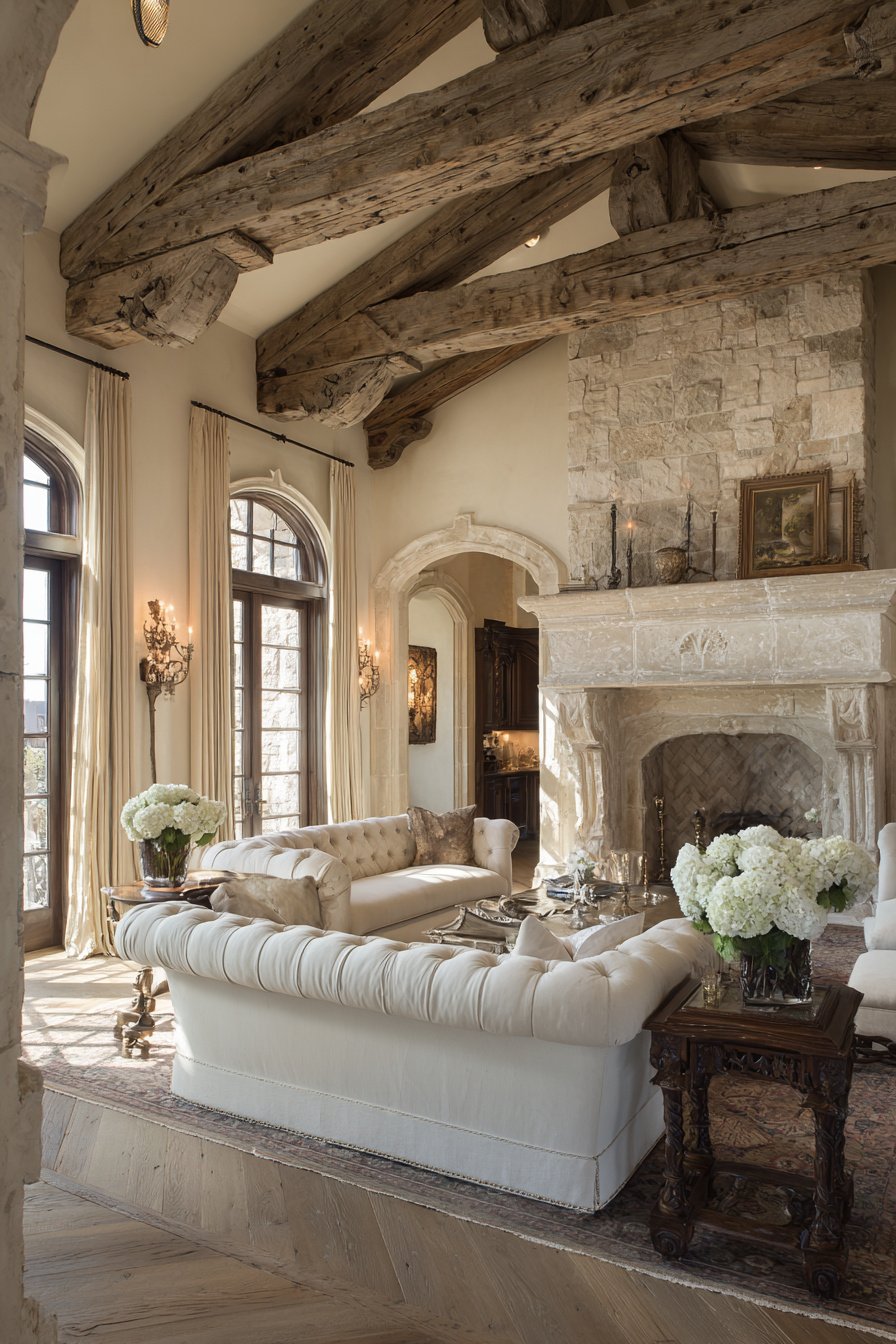 Photorealistic Luxury $100,000+ French country living room, enclosed floor plan, limestone fireplace, exposed beams, soft cream palette, elegant traditional layout, not open concept