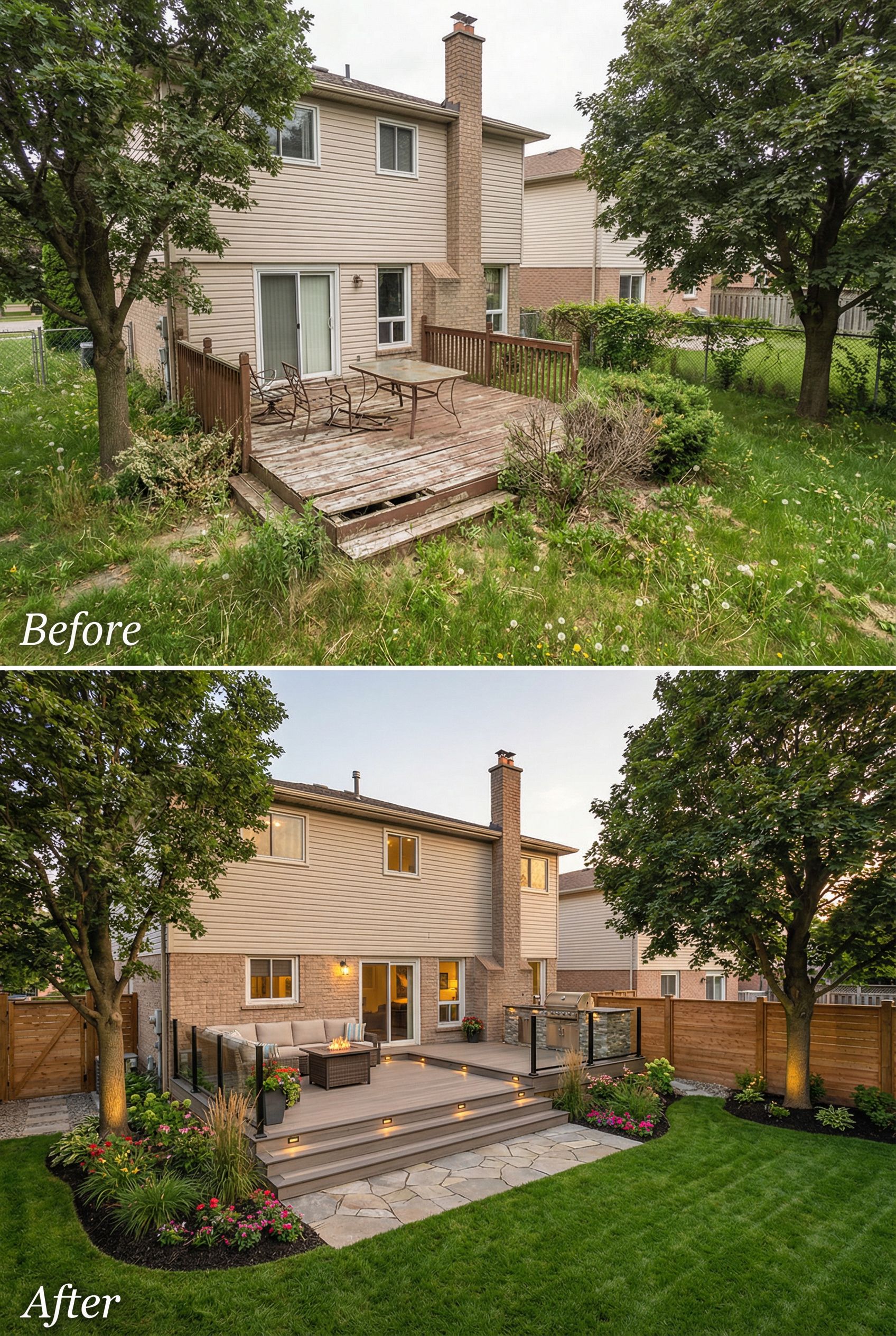 Plain backyard deck elevated into a tiered resort-style relaxation zone