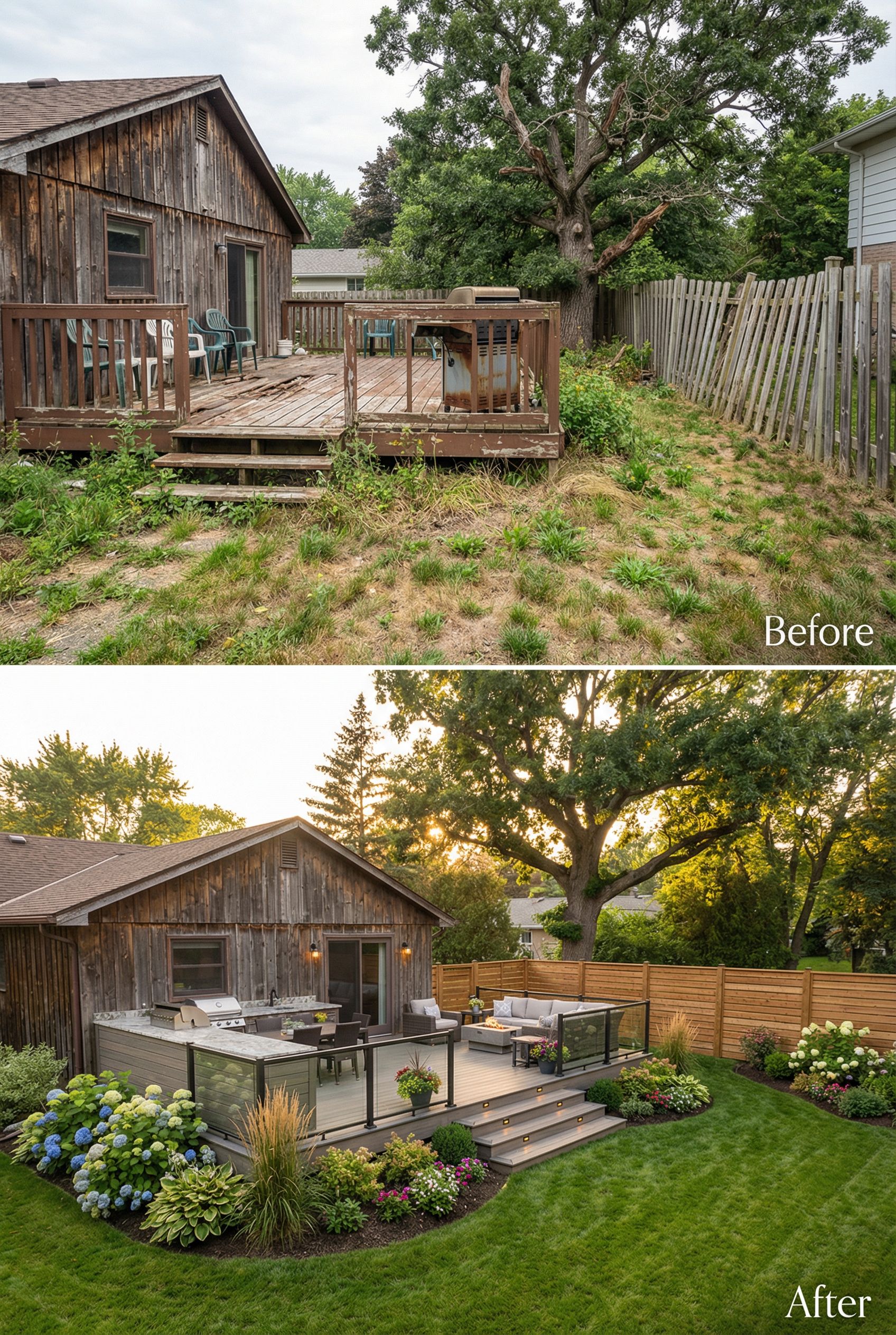 Plain backyard deck reinspired into a three-level cabana-style lounge