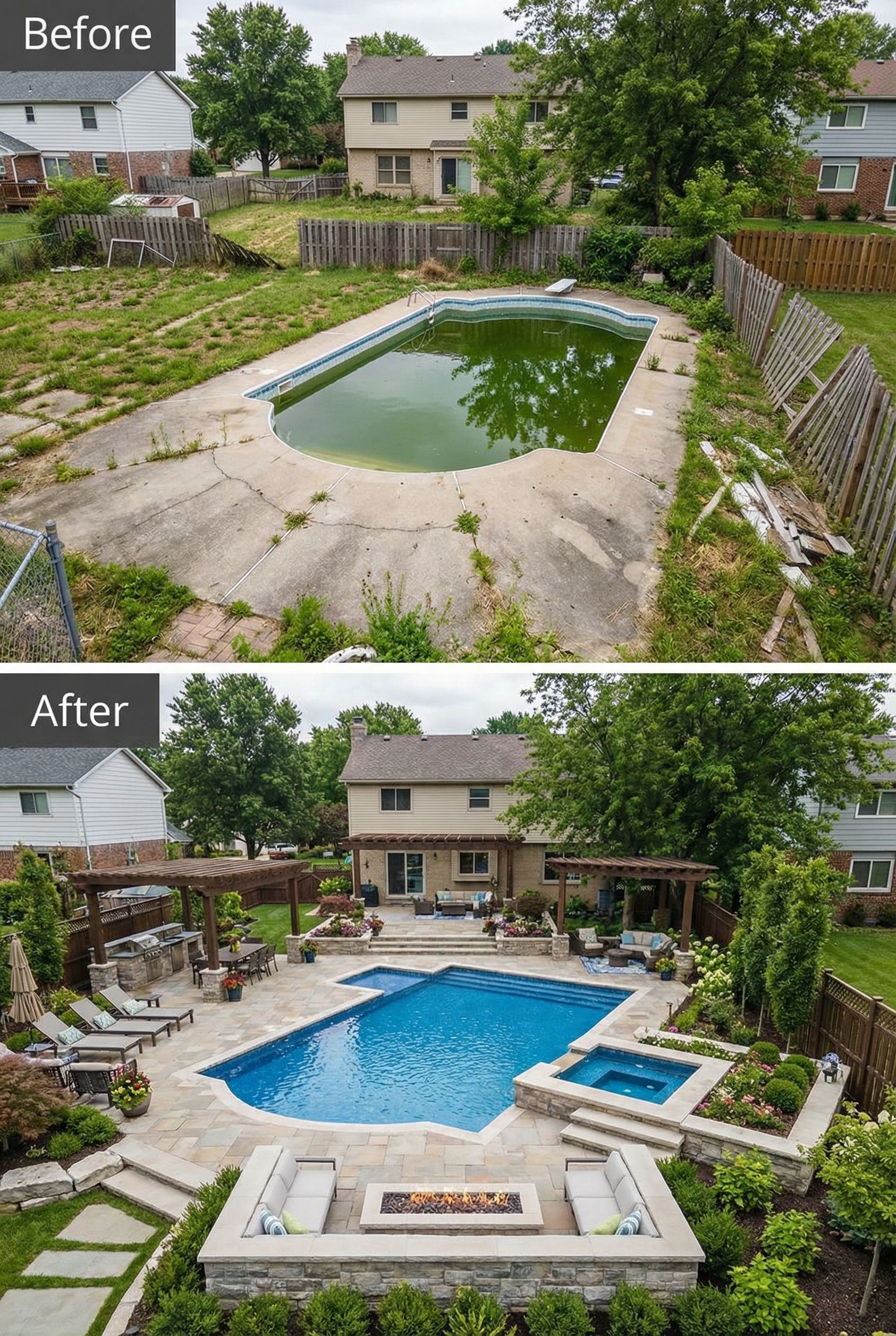 Plain Grass Backyard → Resort-Style Pool Landscape