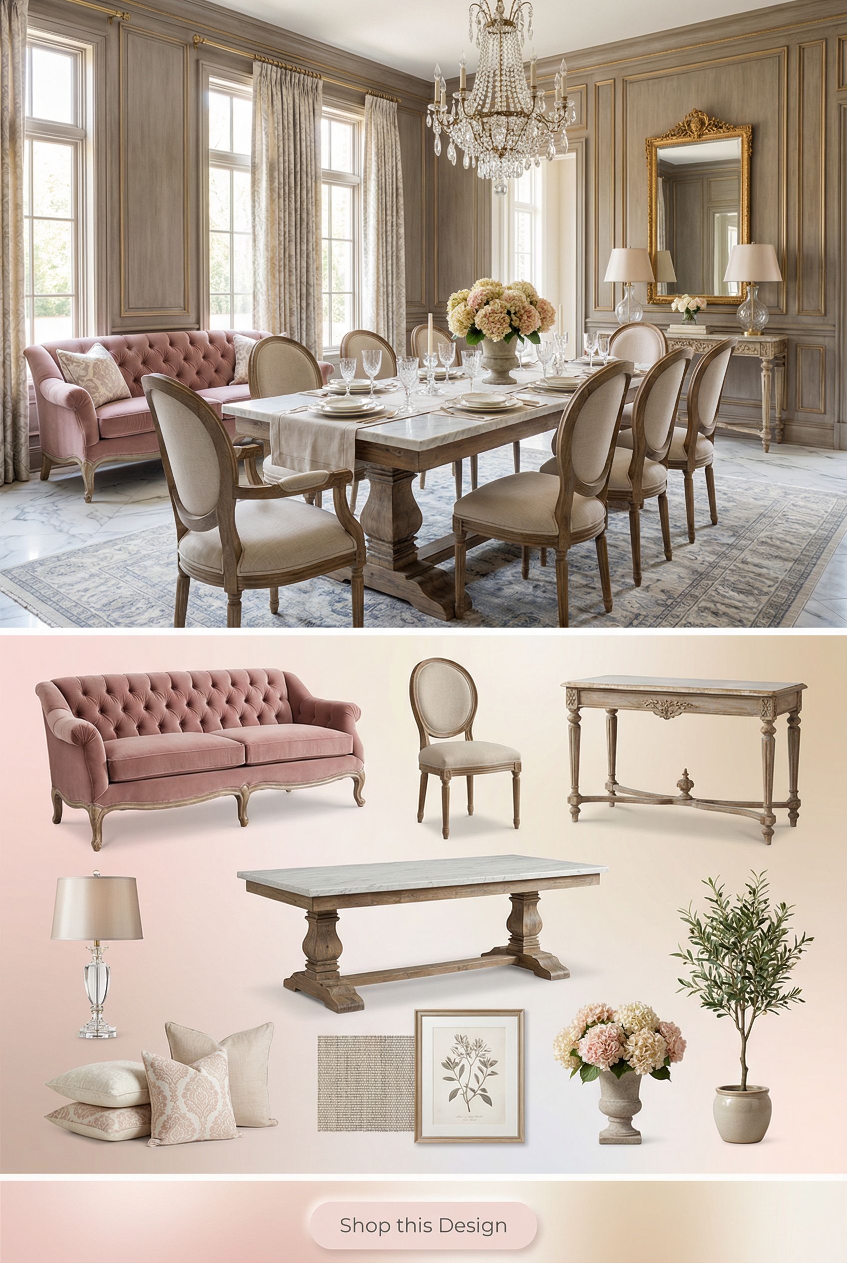 Refined French Dining Room with Gray-Washed Panels and Marble Accents