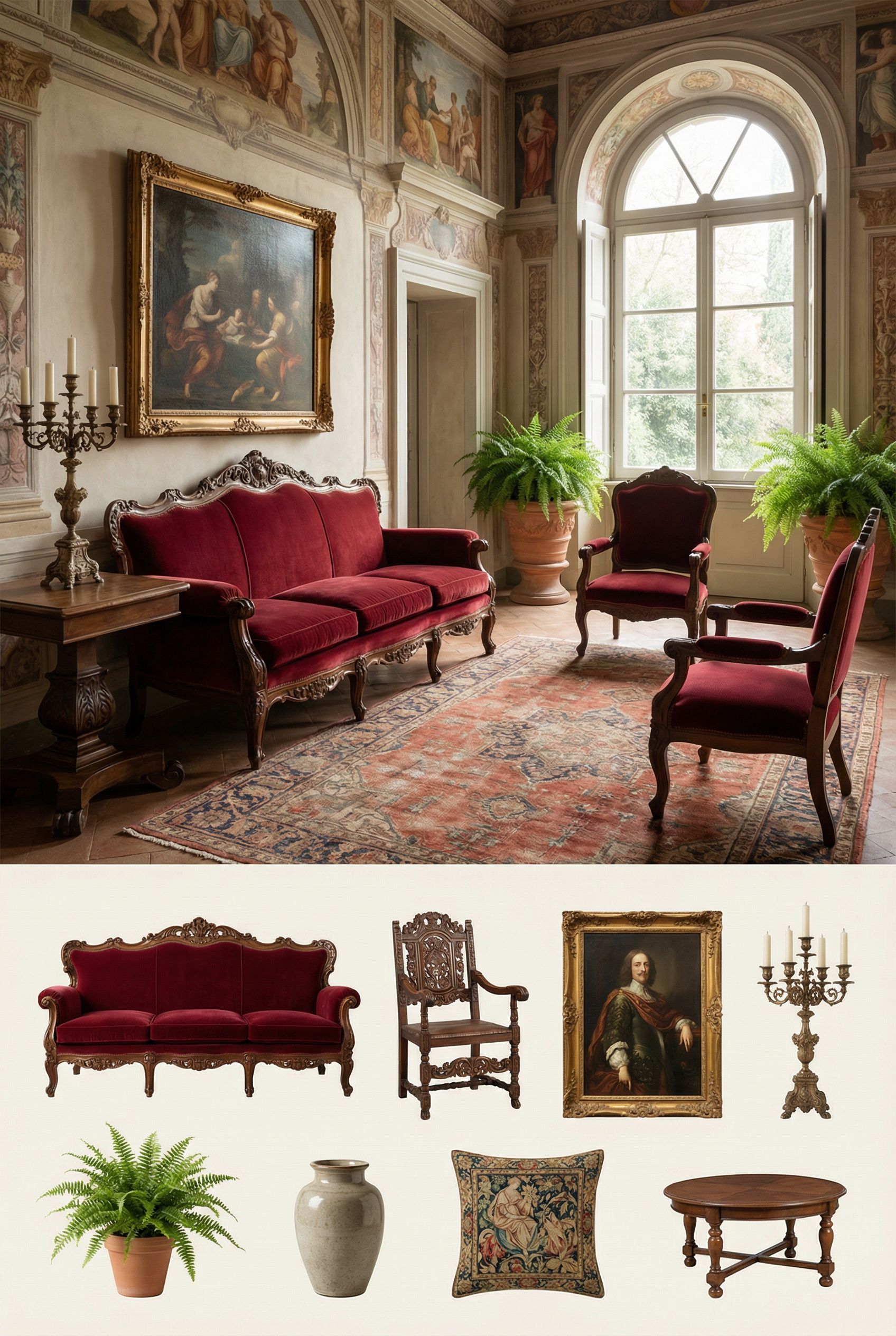 Renaissance-Style Living Room with Frescoed Walls