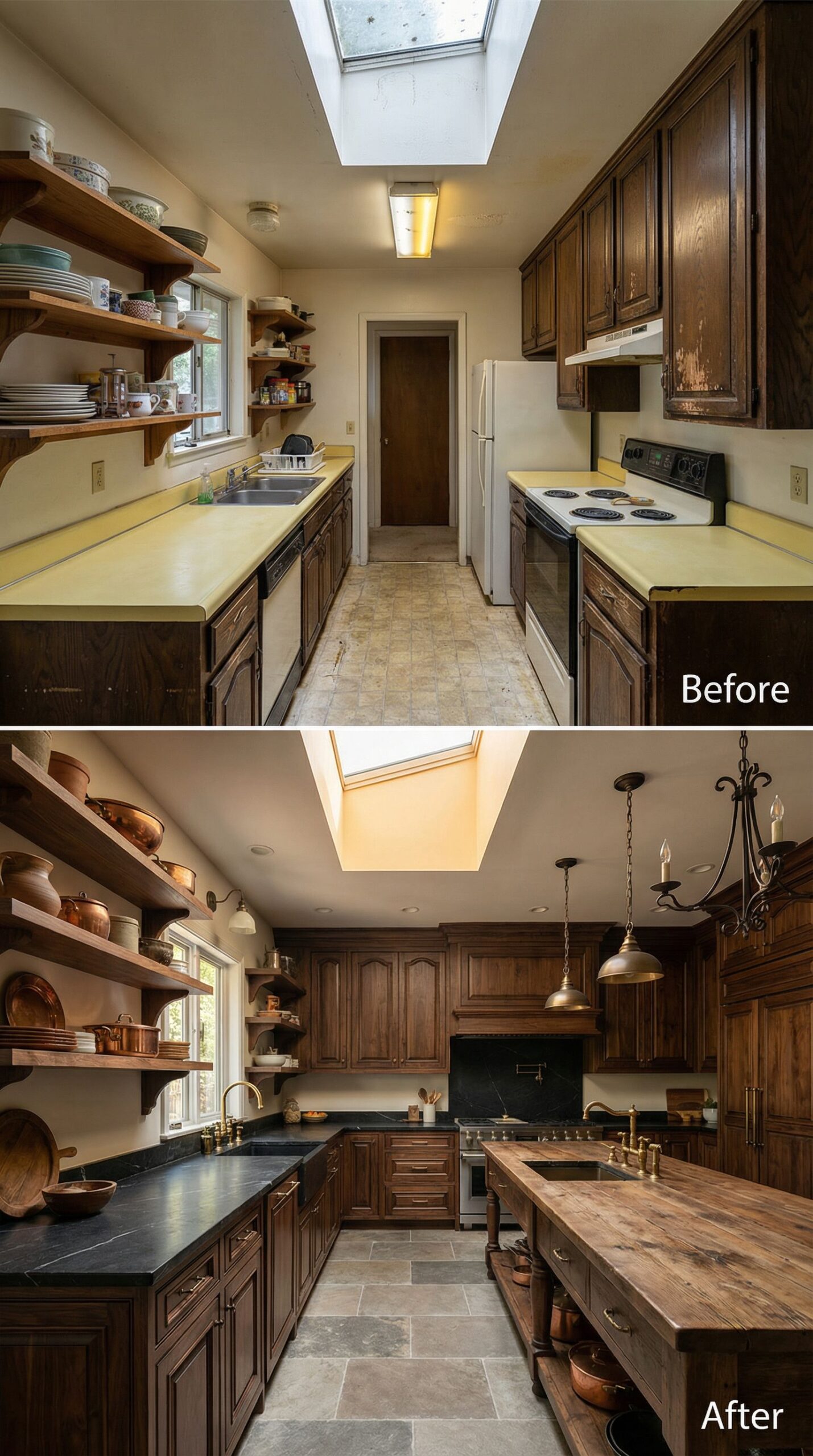 Retro Avocado Kitchen → Chic Monochrome Marvel