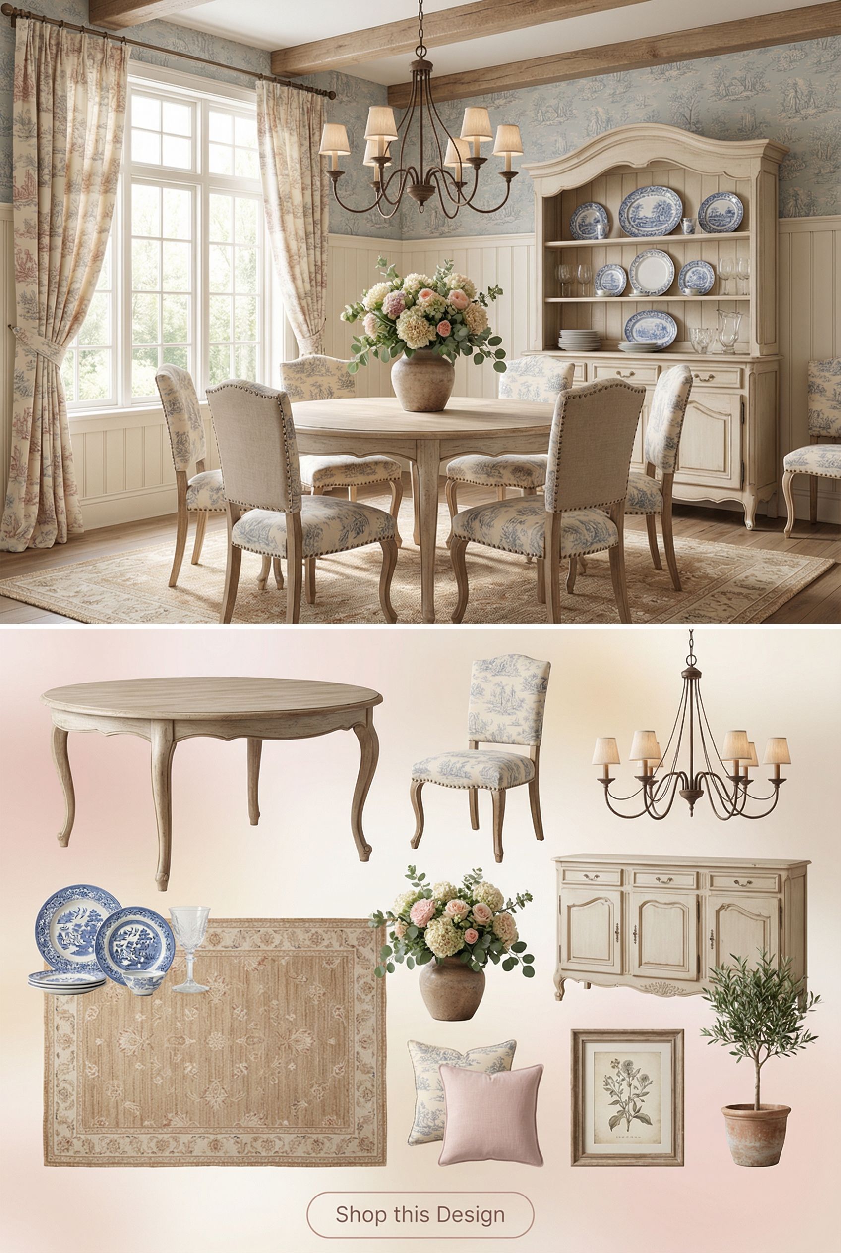 Romantic French Country Dining Room with Beadboard Panels and Toile Fabrics