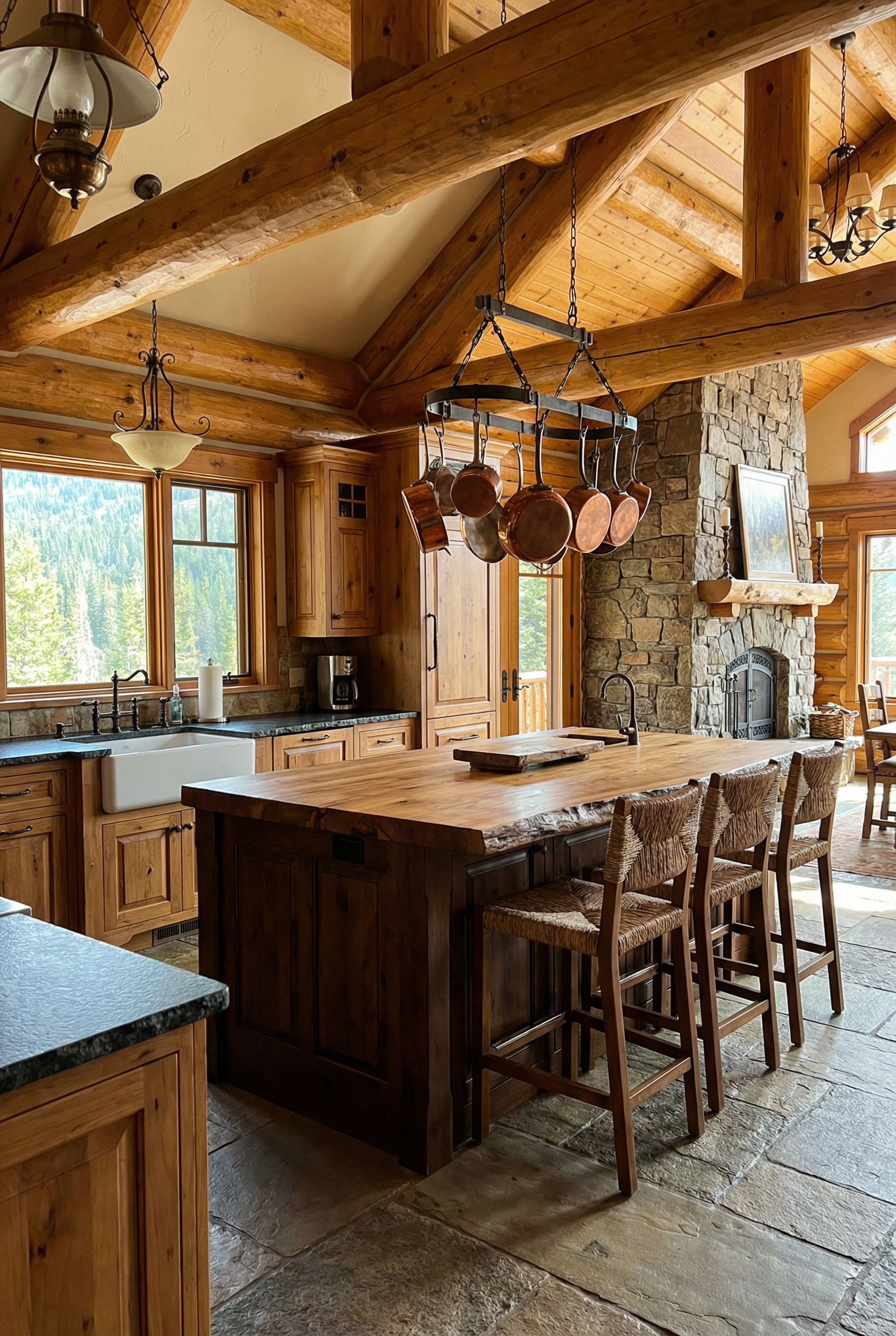 Rustic Chalet Kitchen with Custom Log Cabinetry