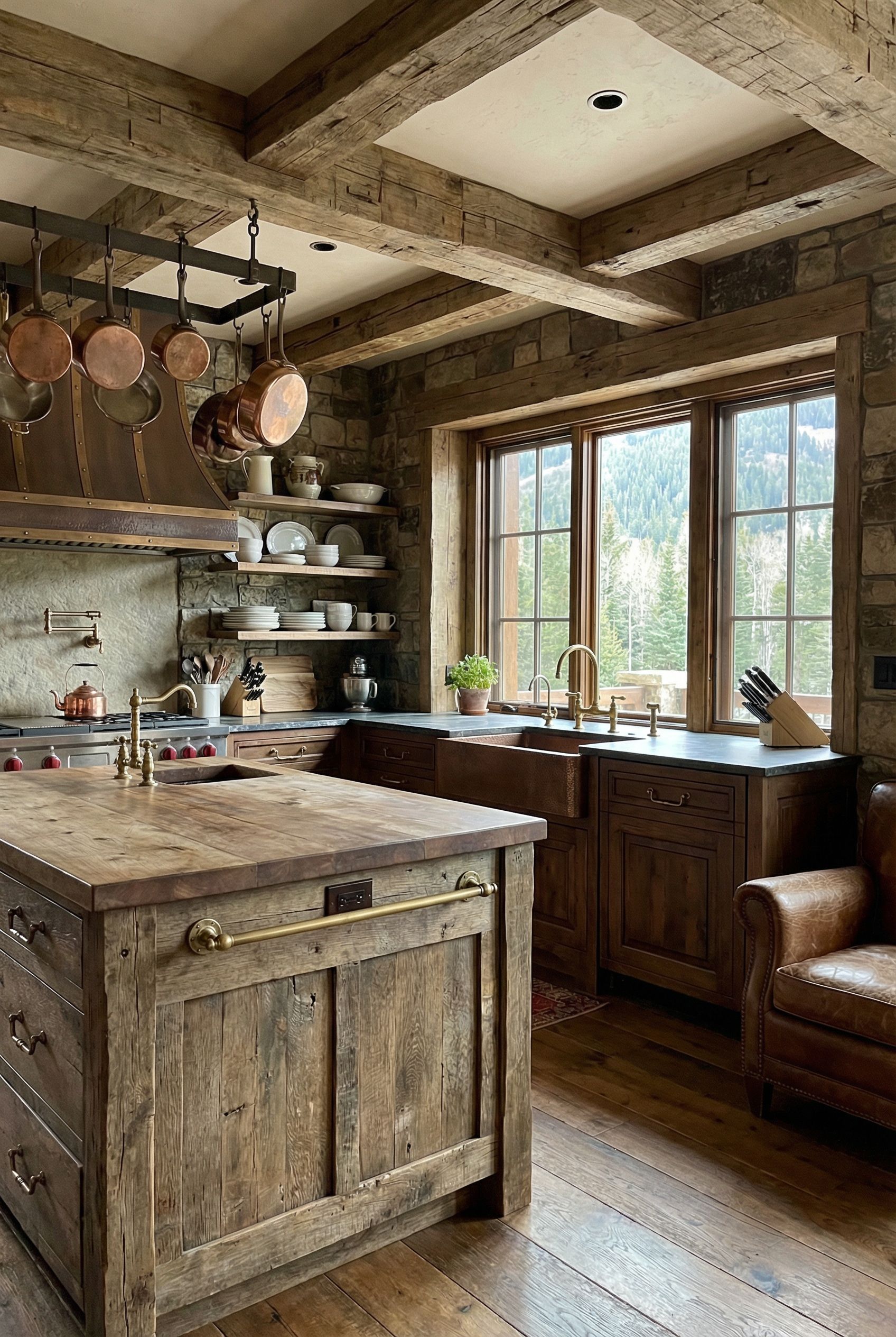 Rustic Kitchen Design Incorporating Antique Brass Hardware