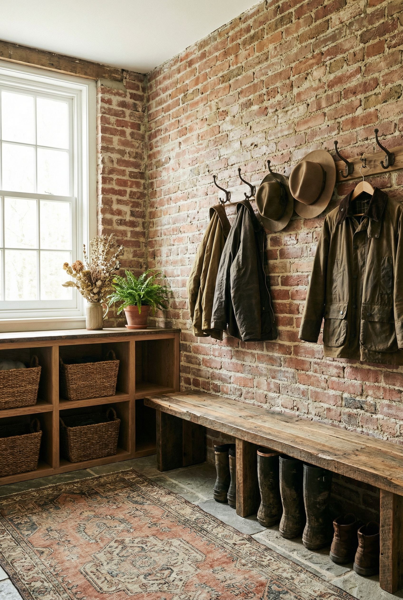 Rustic Mudroom Featuring Exposed Brick Wall Details