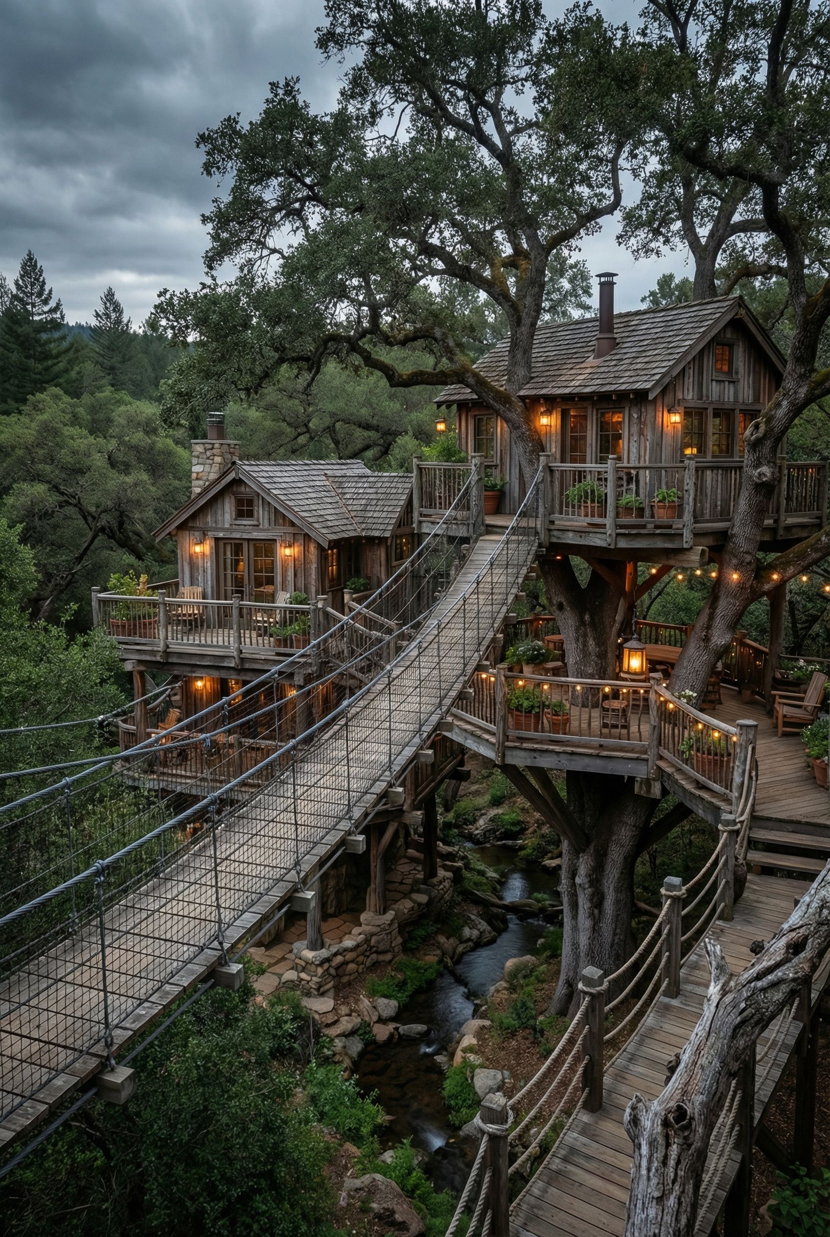 Rustic Multi-Tree House with Cable Suspension Systems