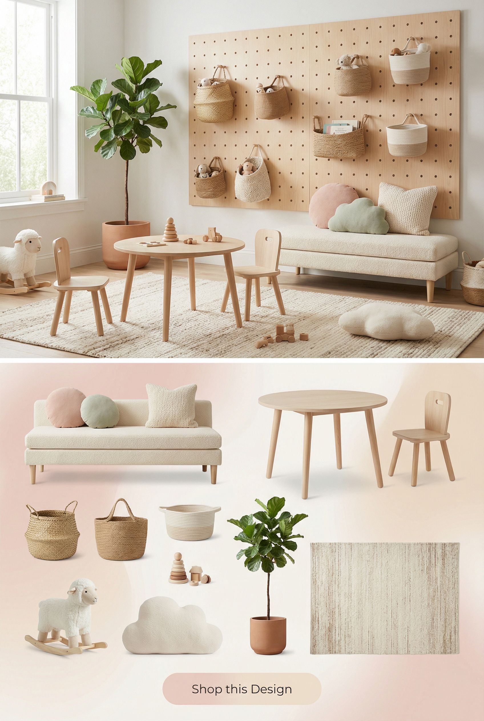 Scandinavian Playroom with Minimalist Pegboard Wall and Hanging Baskets Moodboard