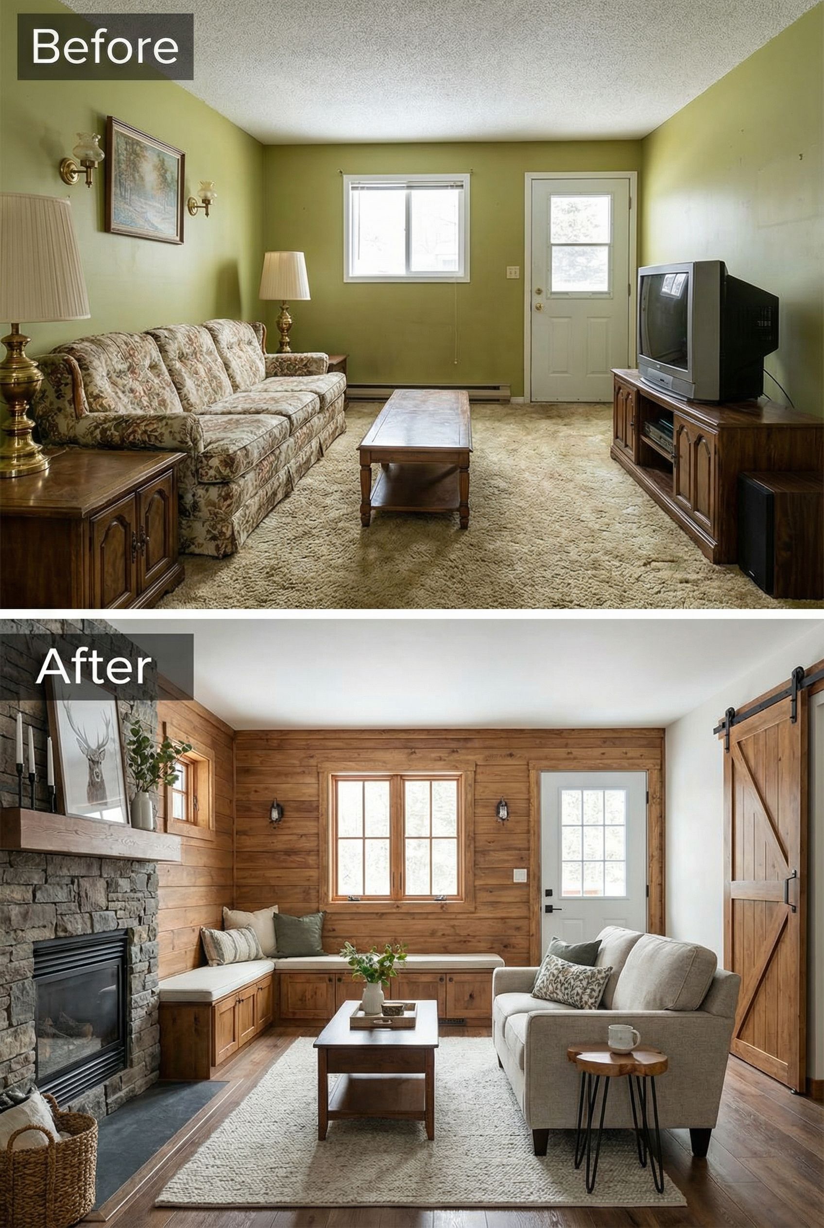 Small Boring Living Room to Cozy Chalet Rustic Escape Using Smart Storage