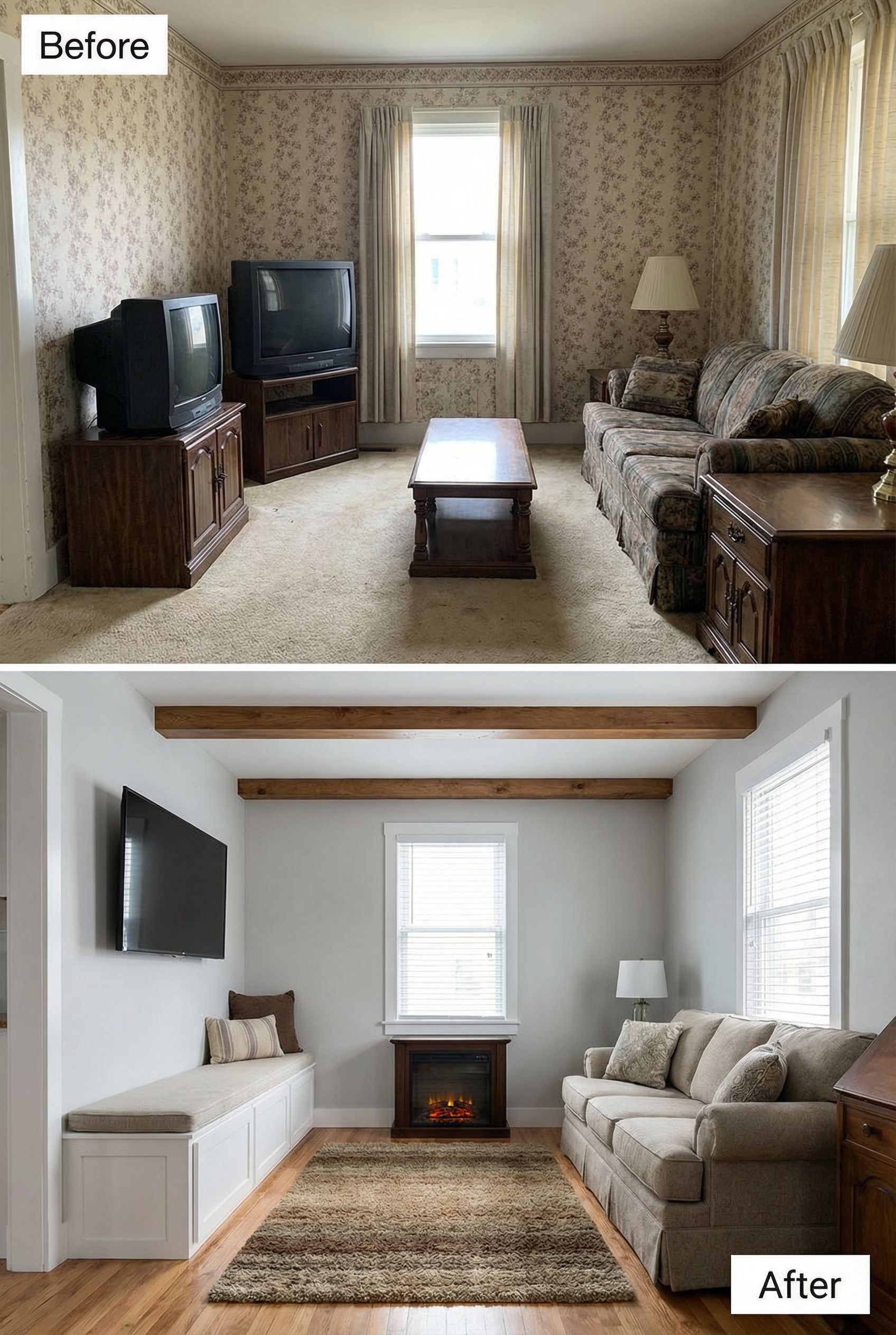 Small Boring Living Room to Cozy Rustic Space with Space-Saving Table Choices