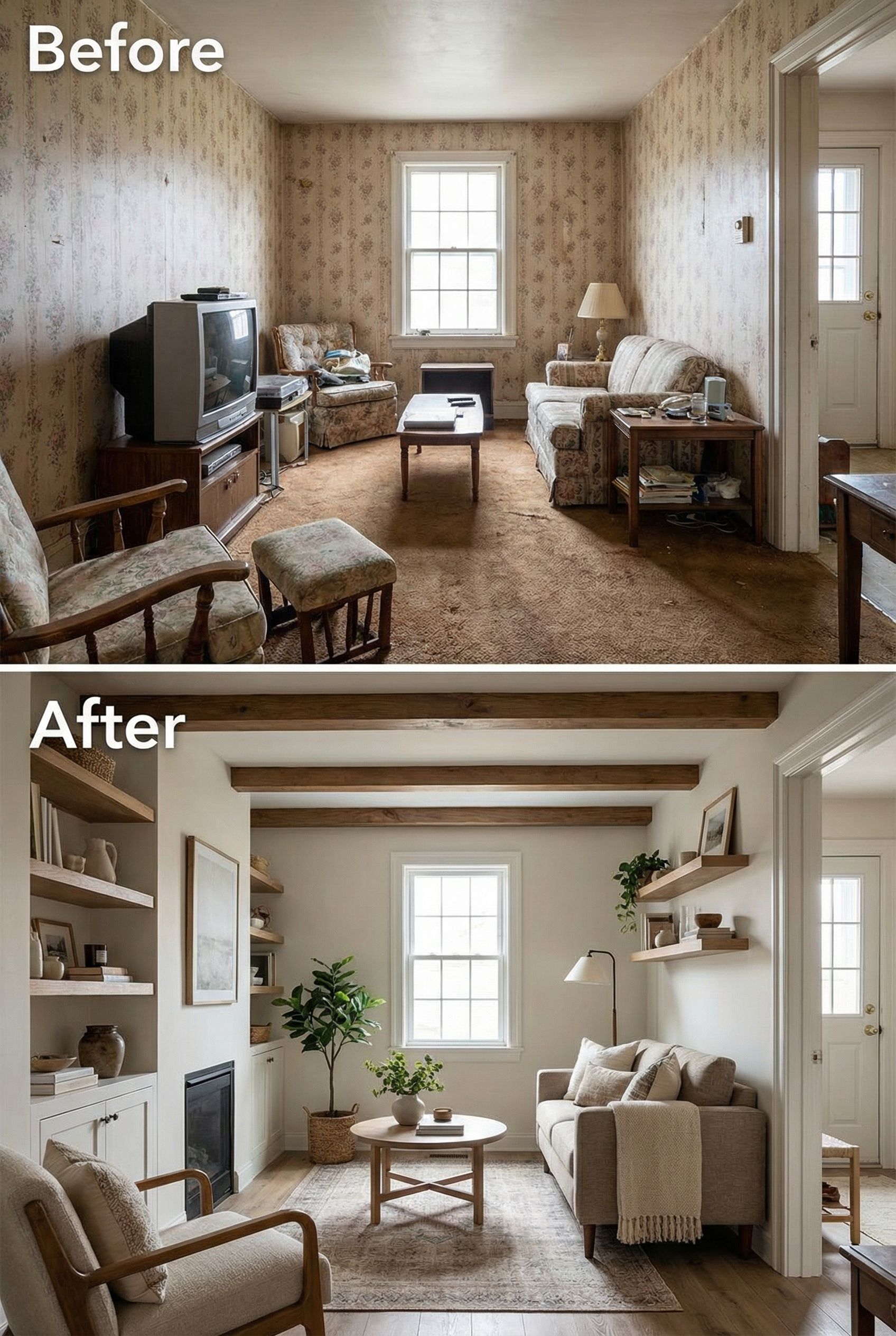 Small Boring Living Room to Rustic Cozy Space Using Space-Saving Built-Ins