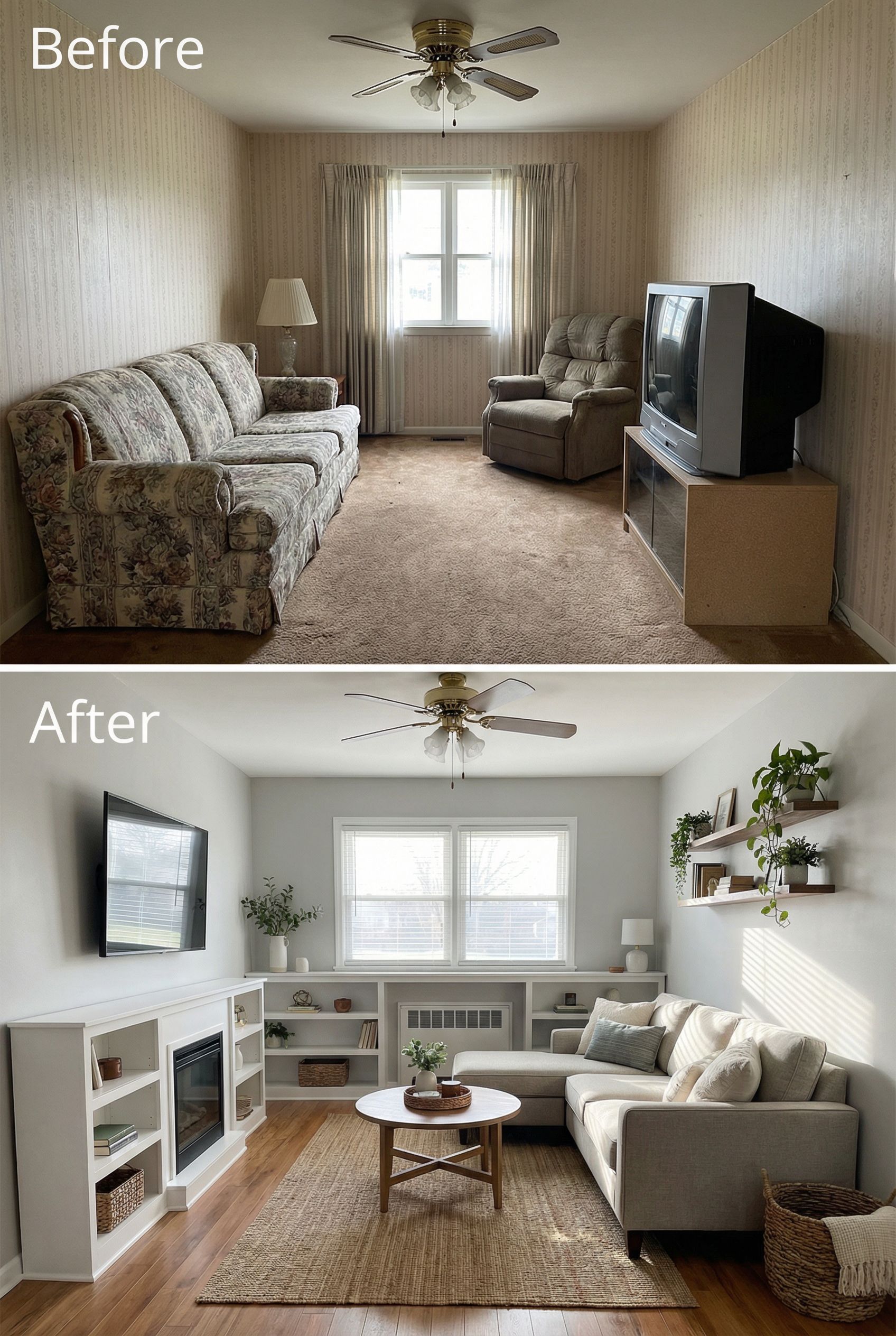 Small Dark Living Room to Cozy Rustic Design with Space-Saving Rearranged Layout