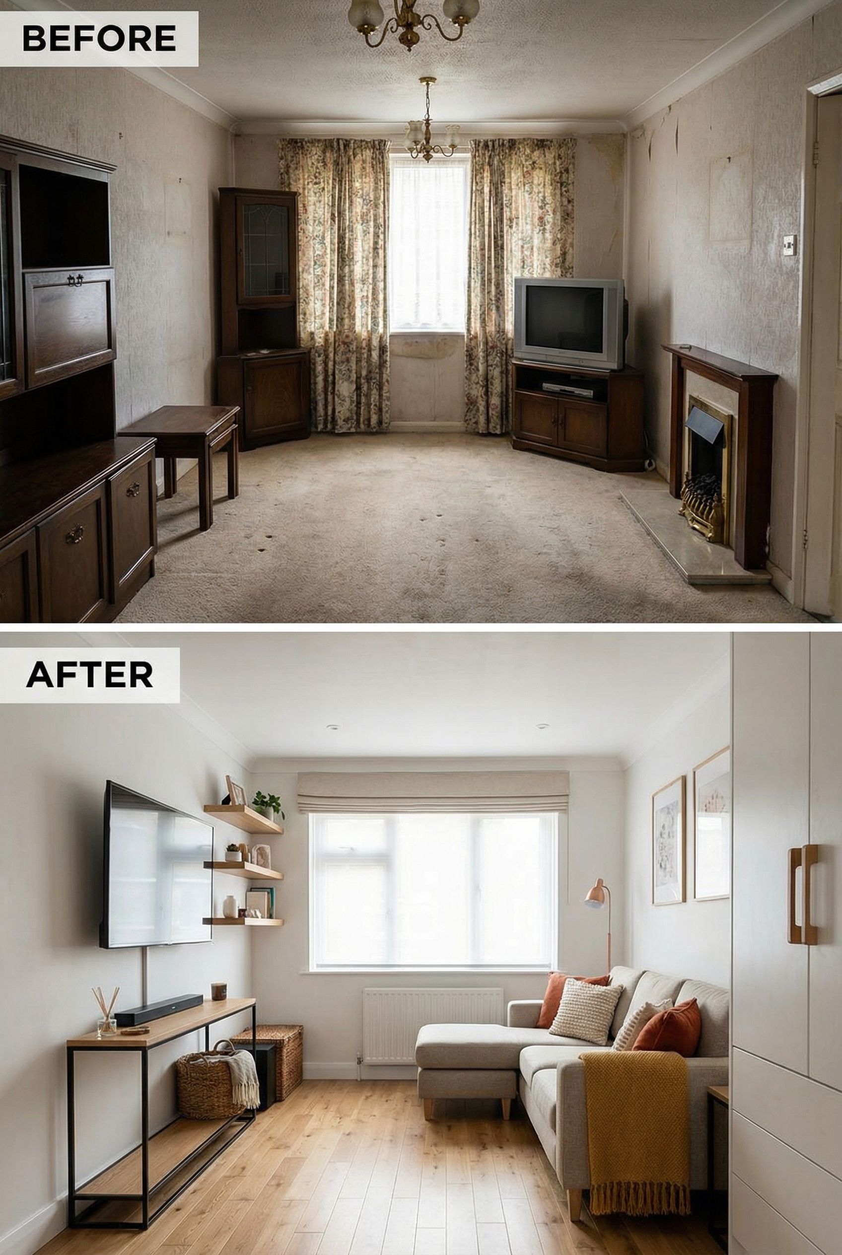 Small Dated Living Room to Cozy Rustic Design with Space-Saving Floating Shelves