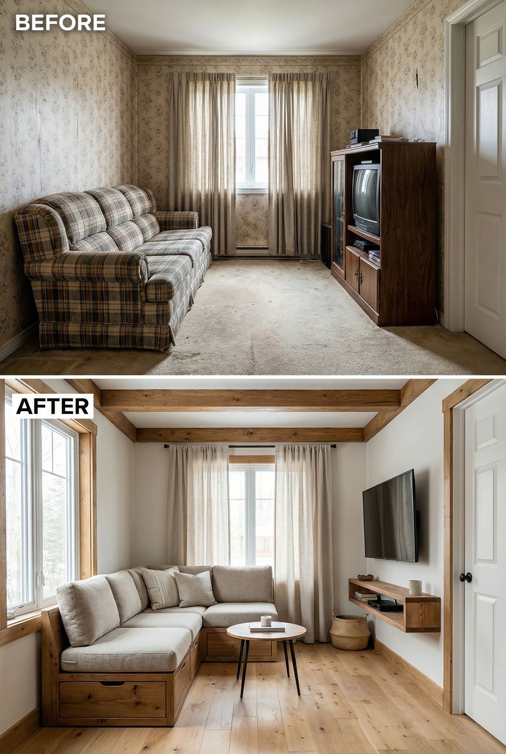 Small Dated Living Room to Cozy Rustic Space Using Smart Space-Saving Layout