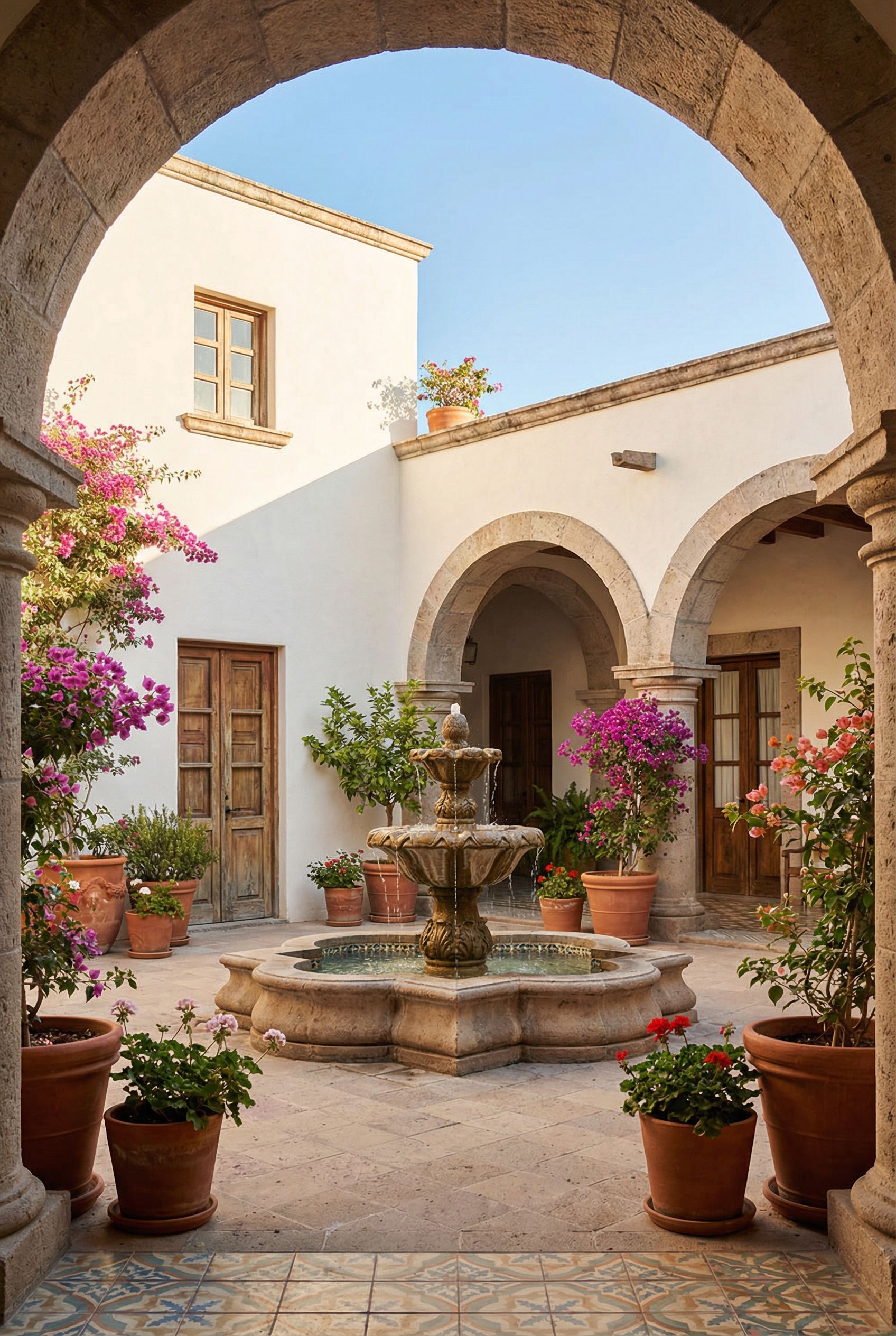 Spanish Colonial Courtyard with Fountain Centerpiece