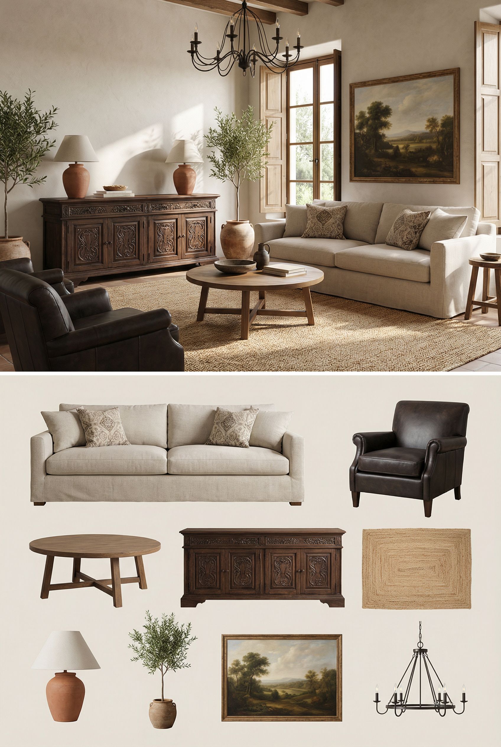 Spanish Colonial Living Room with Dark Wood Accents