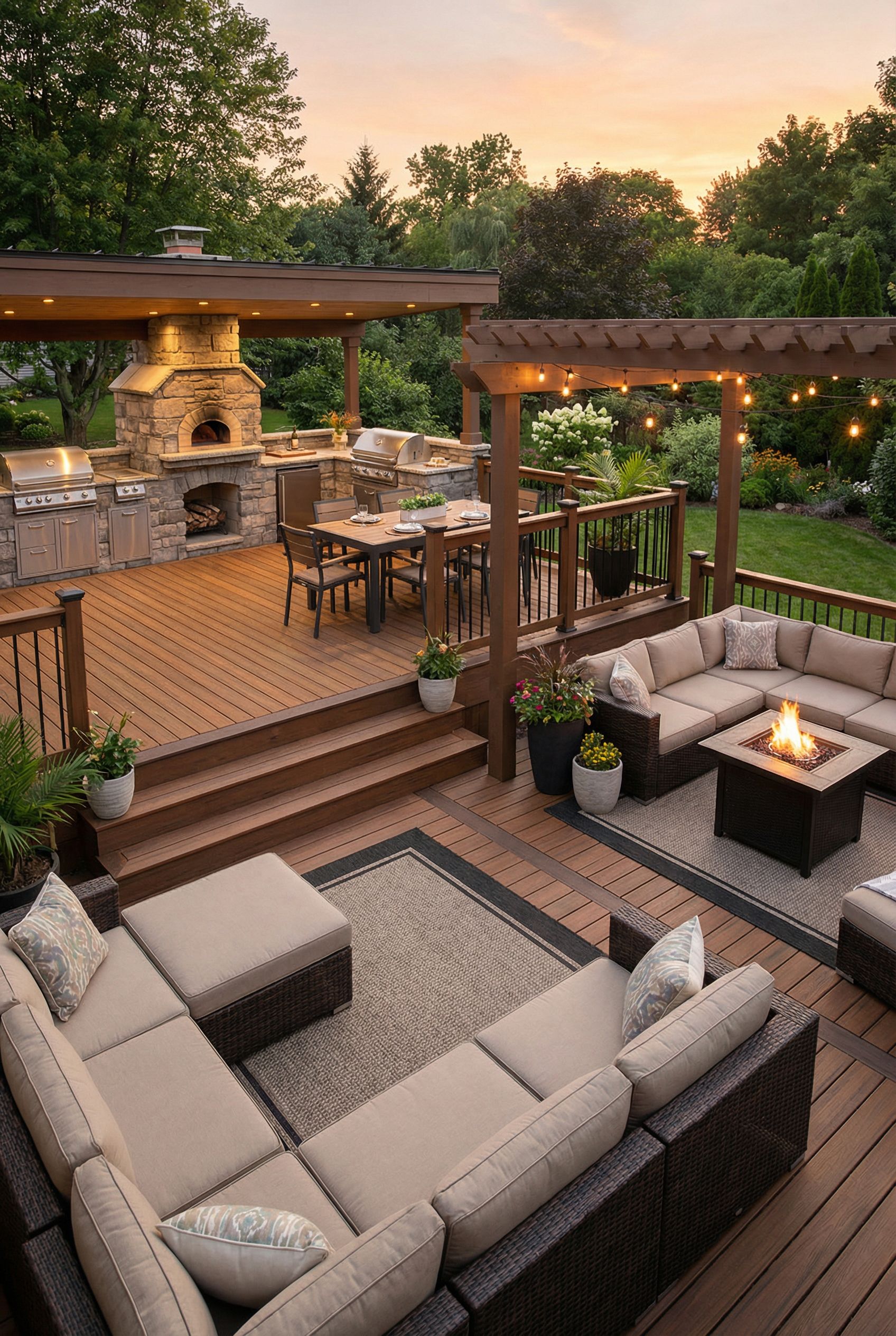 Split-Level Deck with Pizza Oven Terrace and Comfy Lounge Area