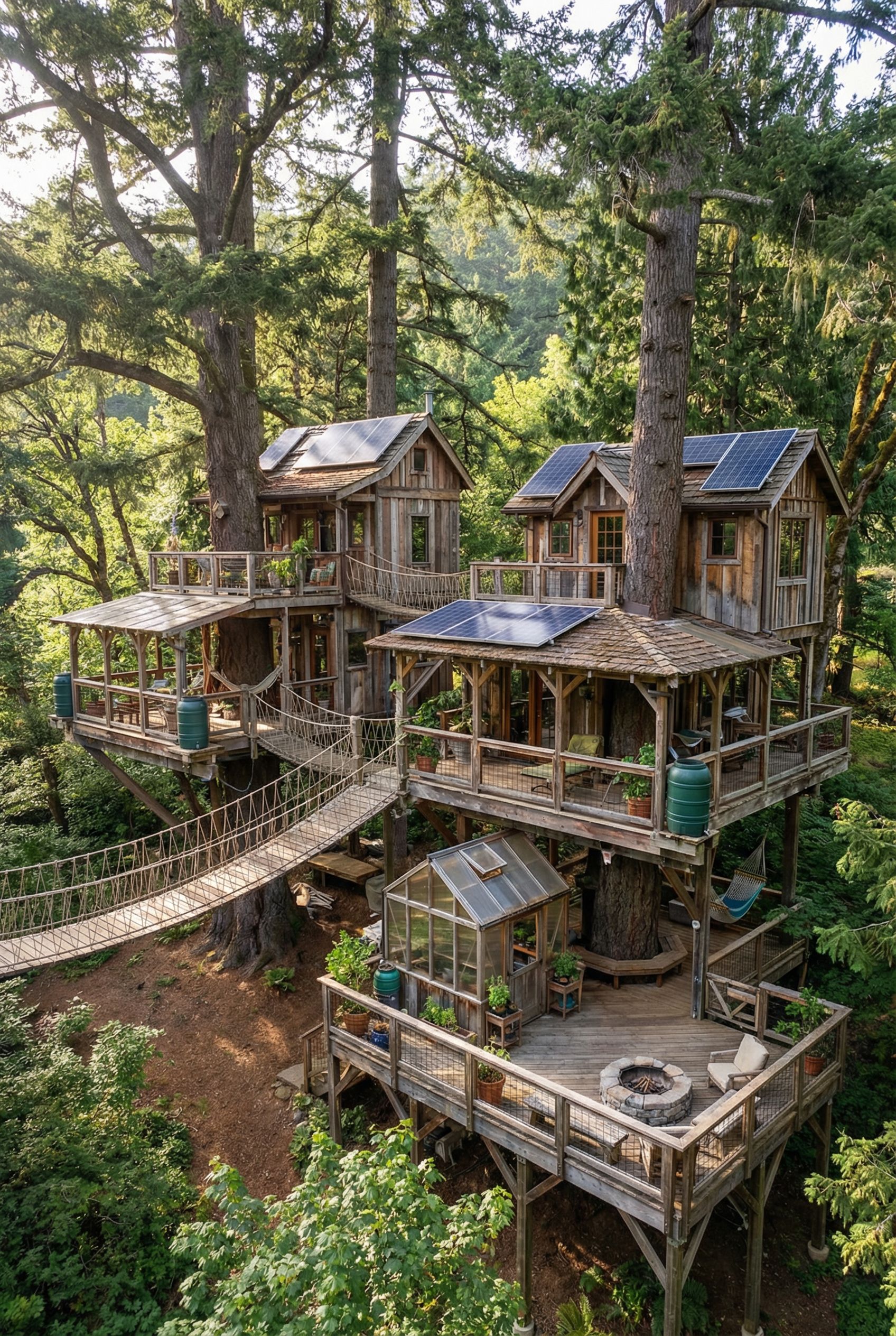 Sustainable Multi-Story Tree House with Solar Panels