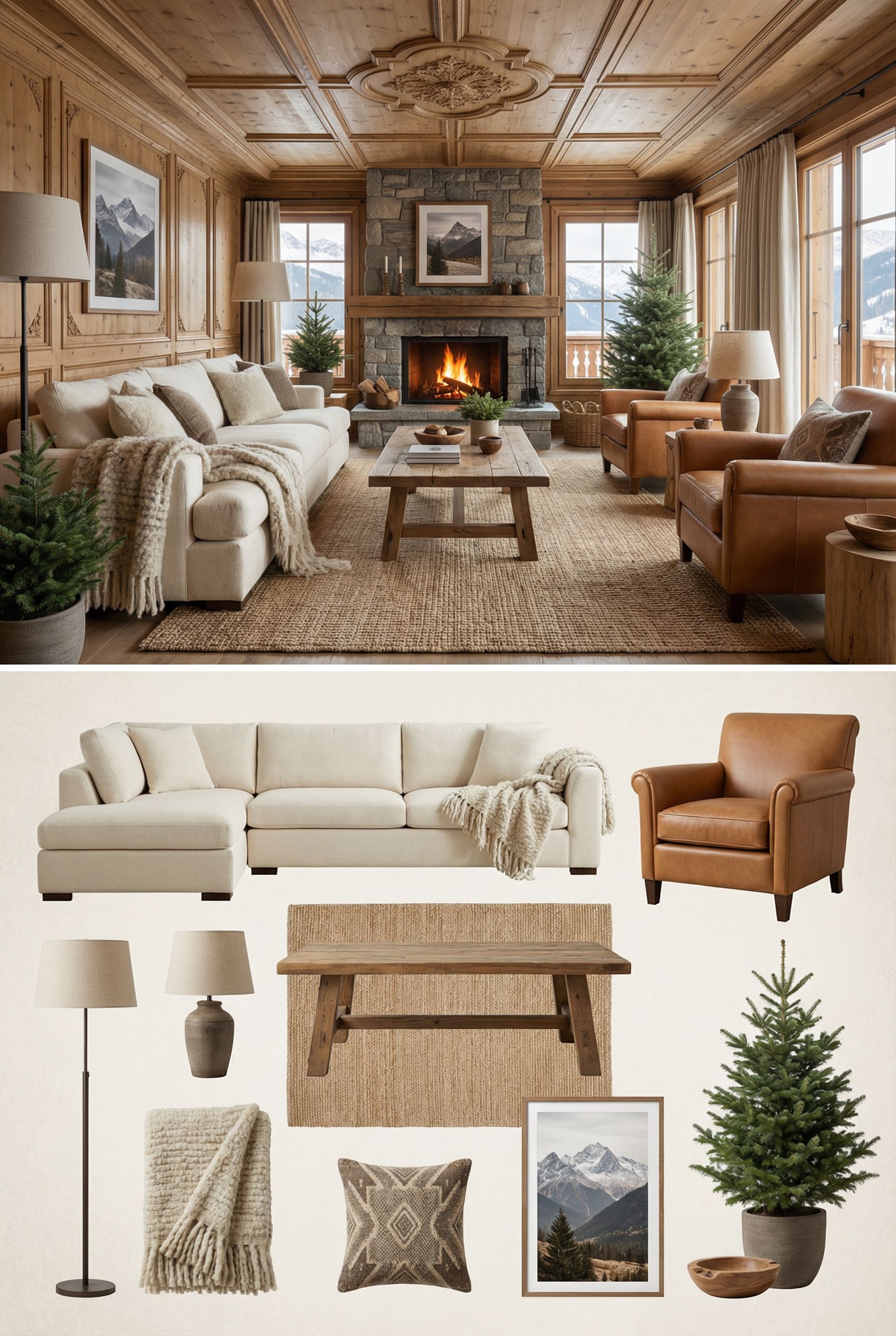 Swiss Mountain Living Room with Carved Wooden Panels