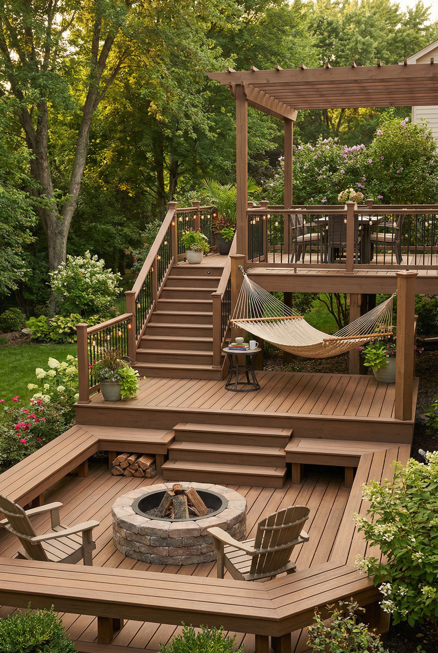Three-Level Deck with Hammock Reading Area and Fire Terrace