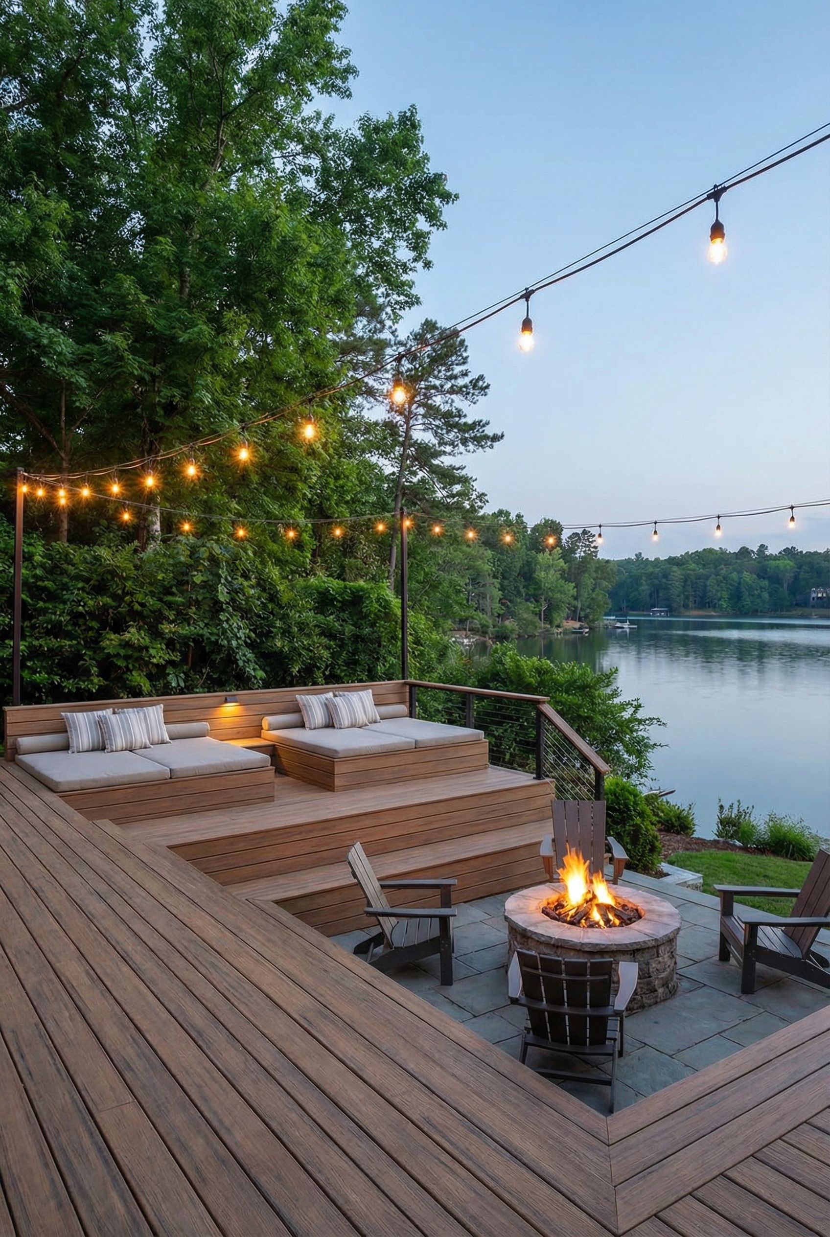 Tiered Deck with Built-In Daybeds and Lower-Level Fire Pit