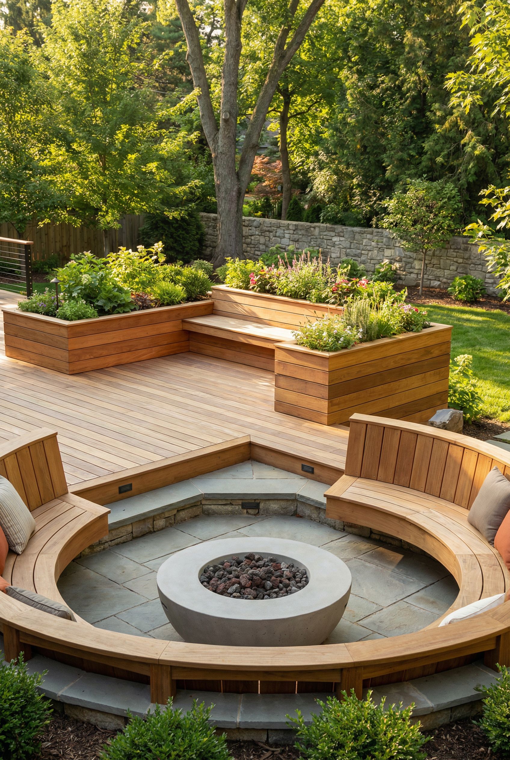 Tiered Deck with Built-In Planters and Fire Seating Bowl Below