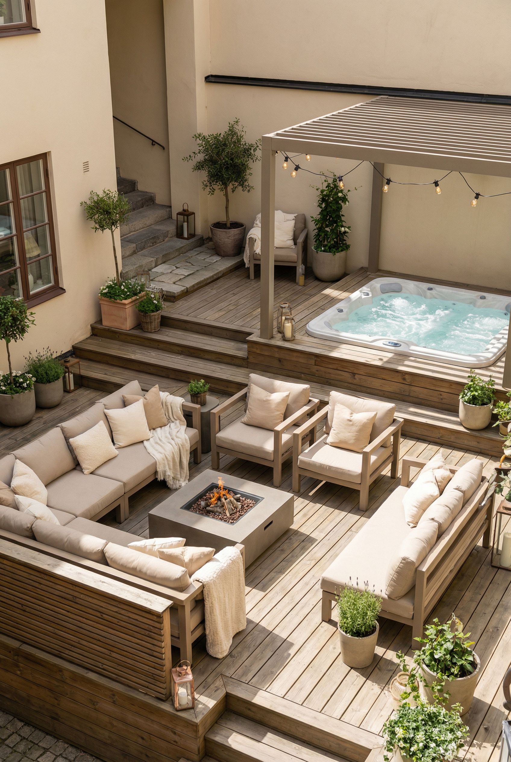 Tiered Deck with Deep Cushion Seating and Hot Tub Courtyard