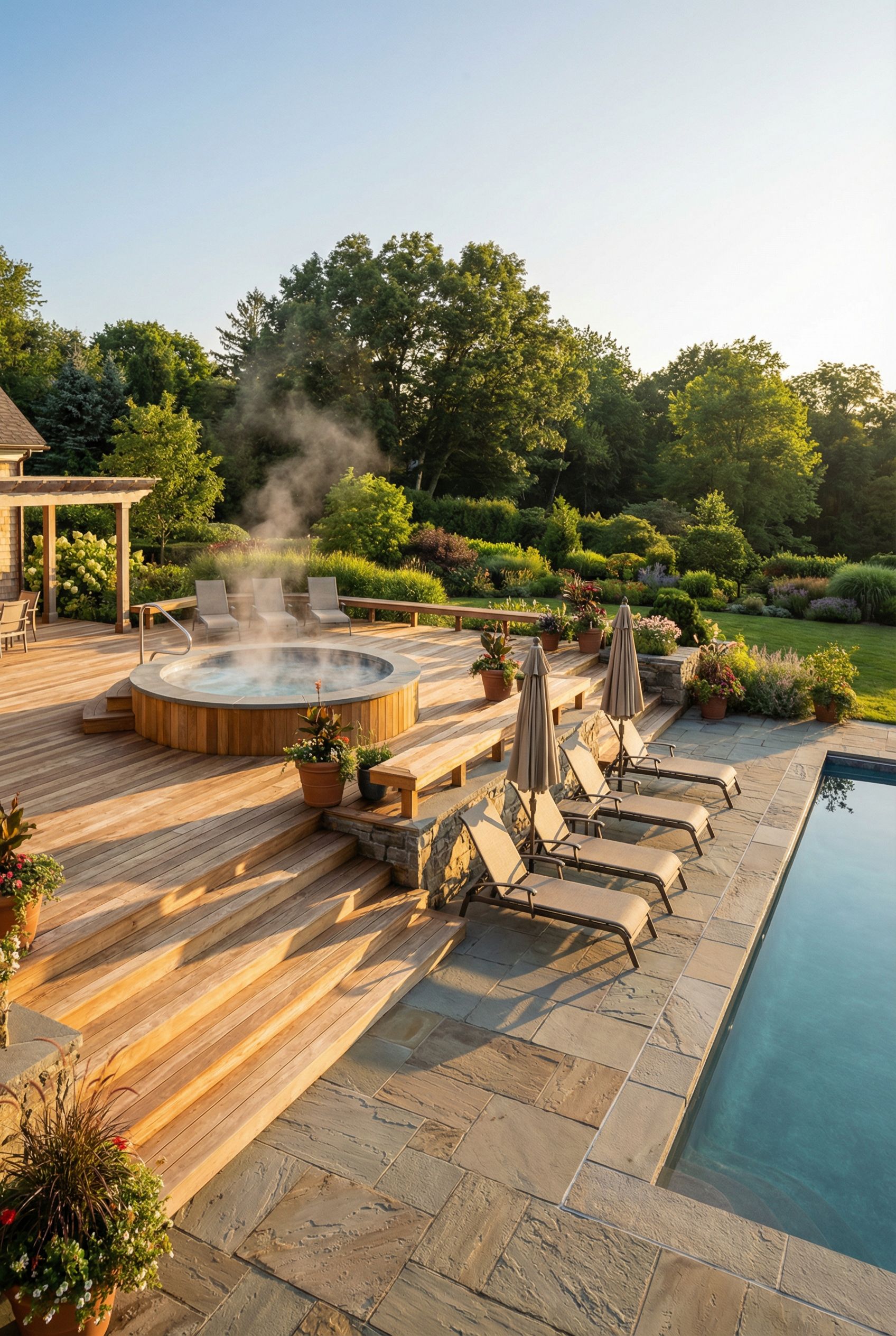 Tiered Deck with Hot Tub Level and Lower Poolside Sun Deck