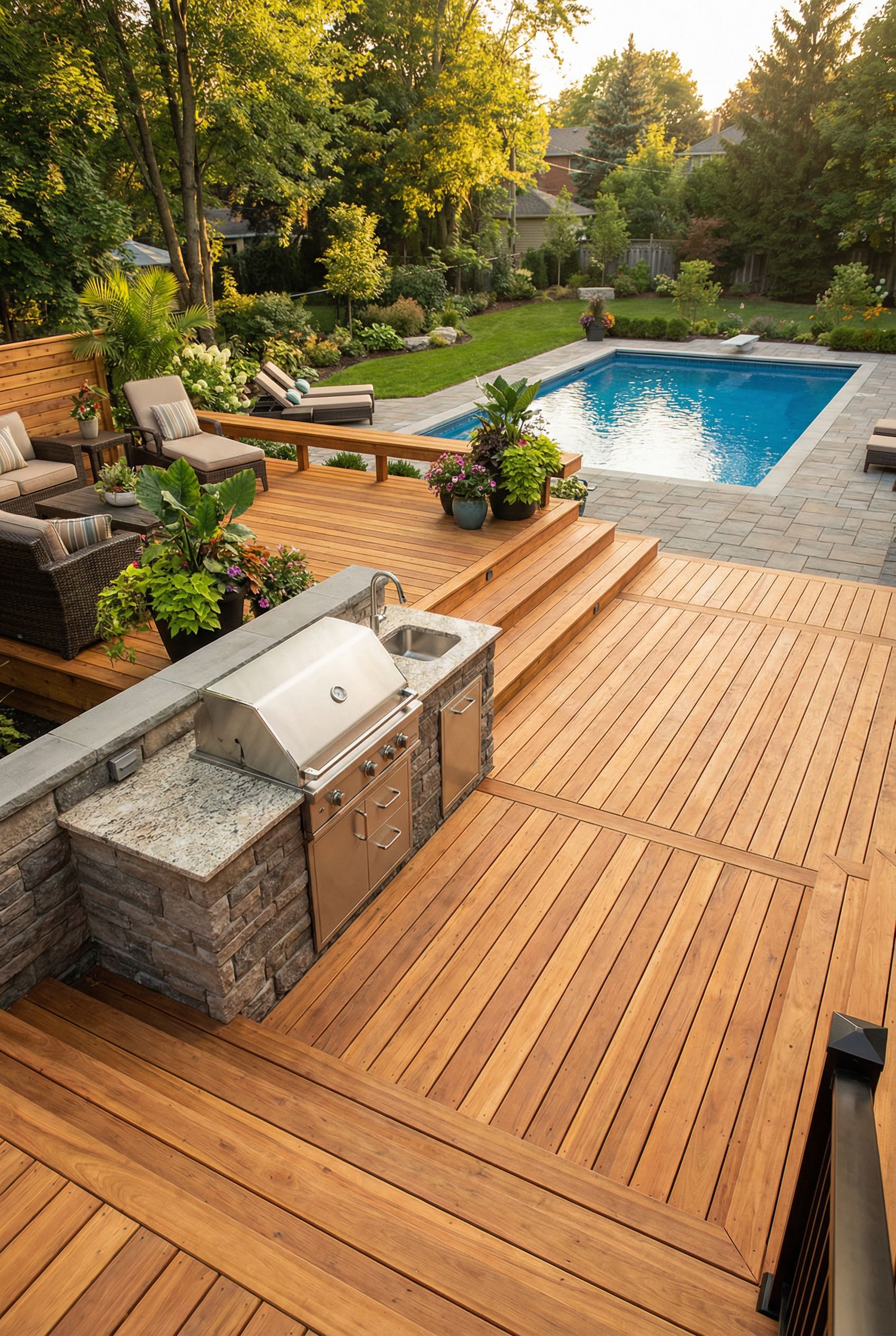 Tiered Deck with Outdoor Kitchen, Grill Station, and Pool View