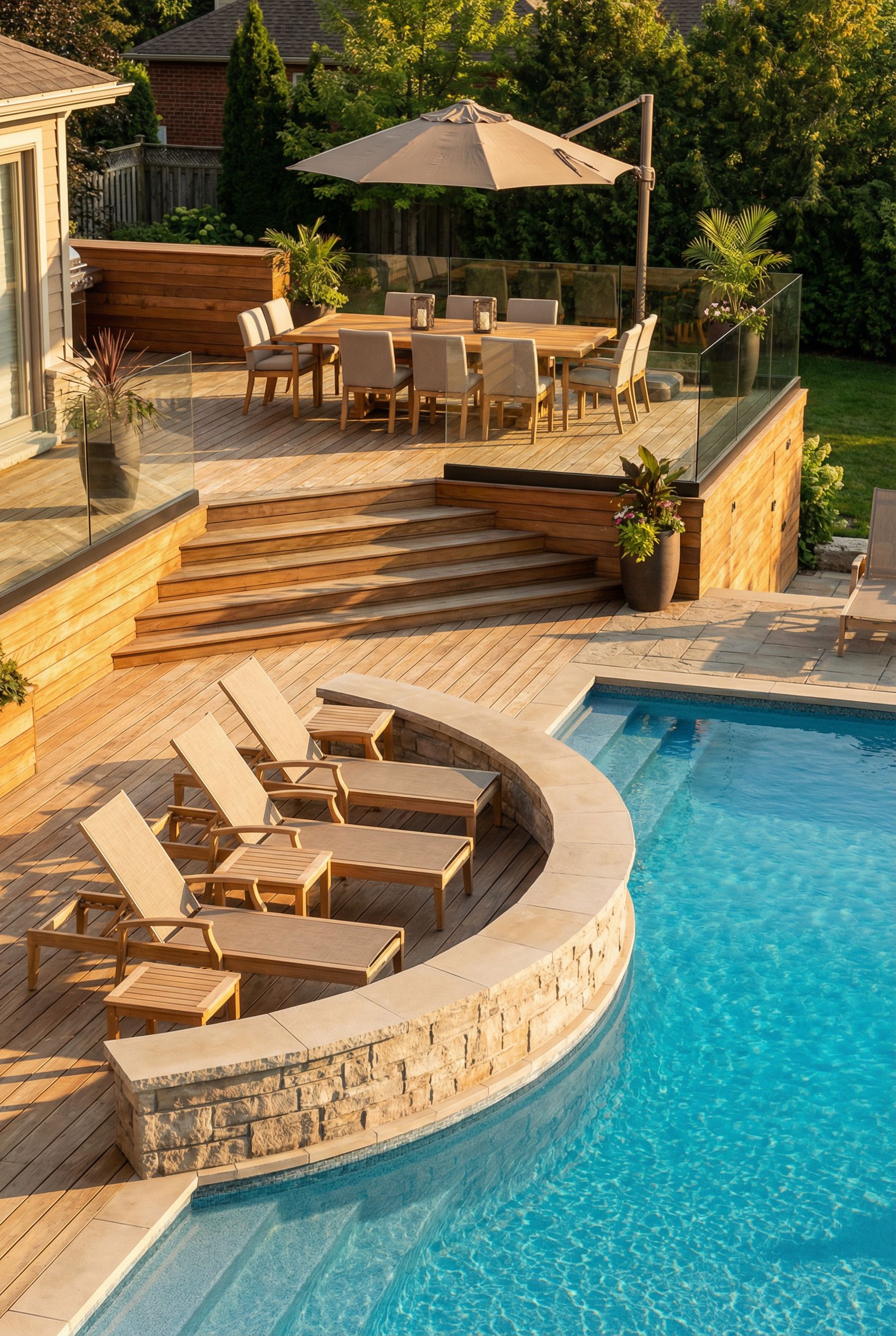 Tiered Deck with Pool Ledge Seating and Upper Dining Patio
