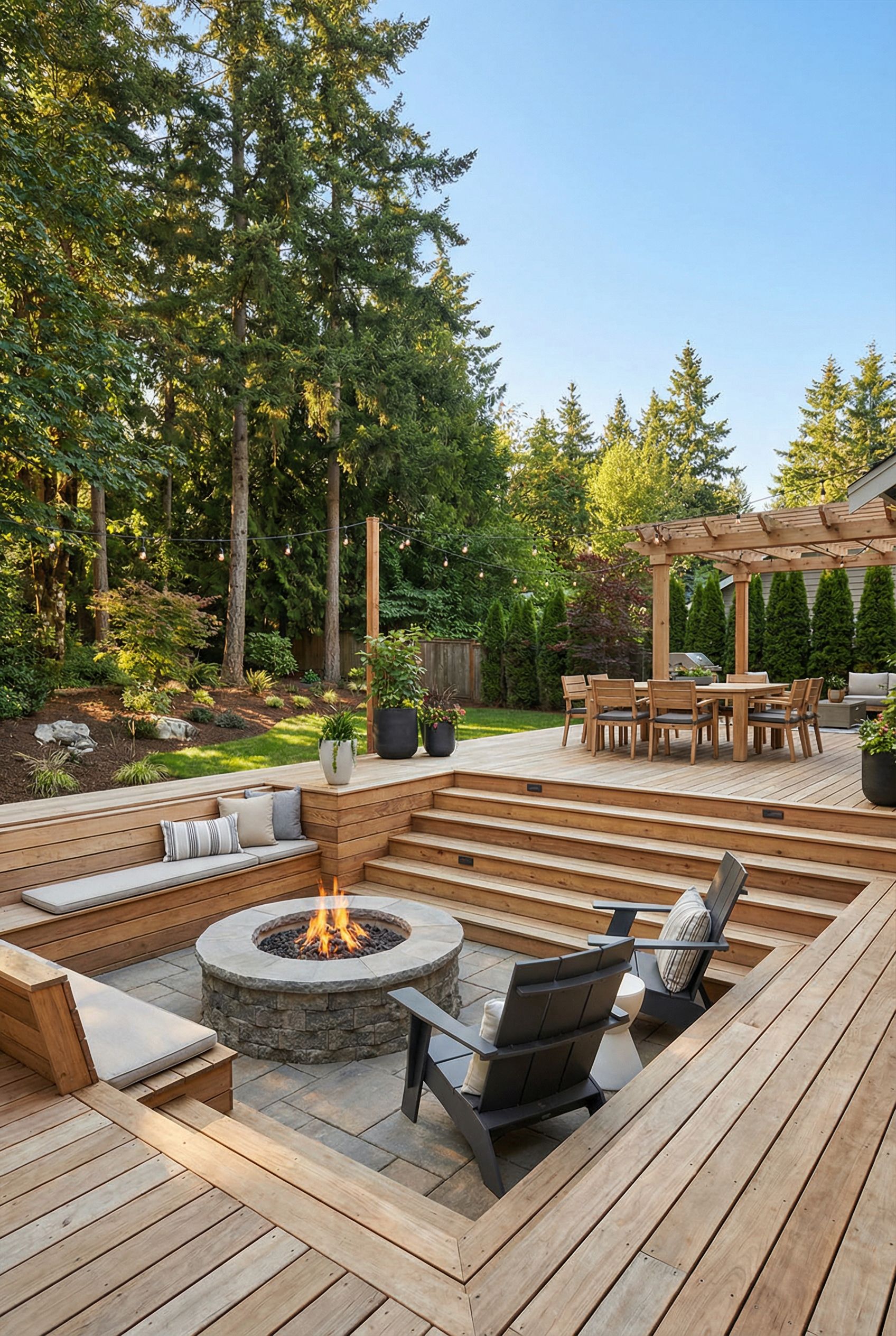 Tiered Deck with Sunken Fire Pit Lounge and Upper Dining Terrace