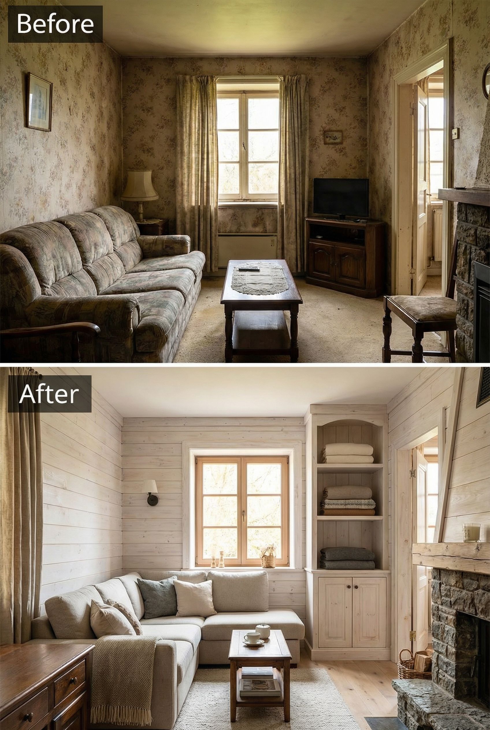 Tiny Dated Living Room to Chalet Rustic Warmth with Space-Saving Built-Ins