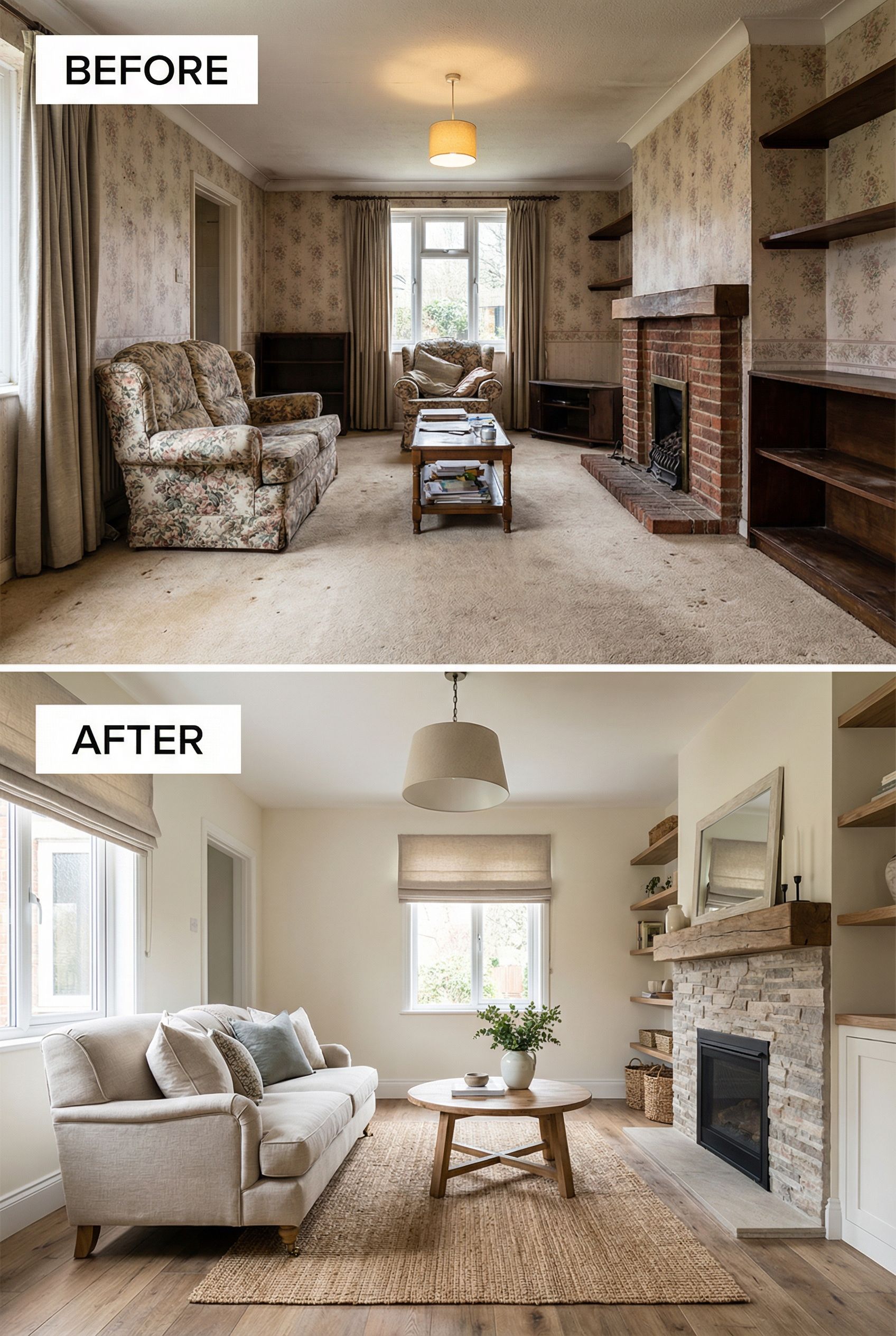 Tiny Outdated Living Room to Cozy Rustic Haven with Space-Saving Corner Layout