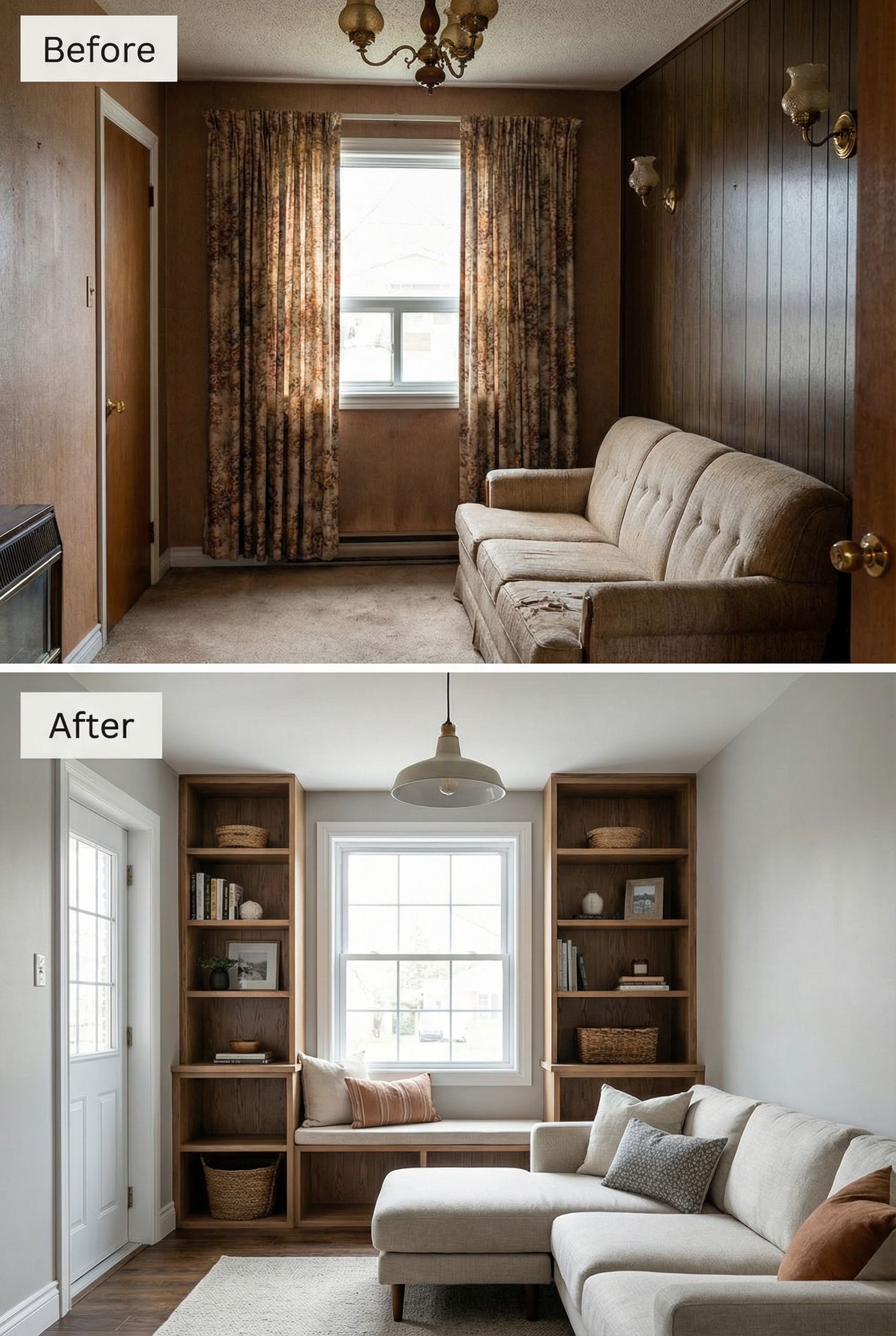 Tiny Outdated Living Room to Rustic Cozy Room Using Space-Saving Vertical Storage