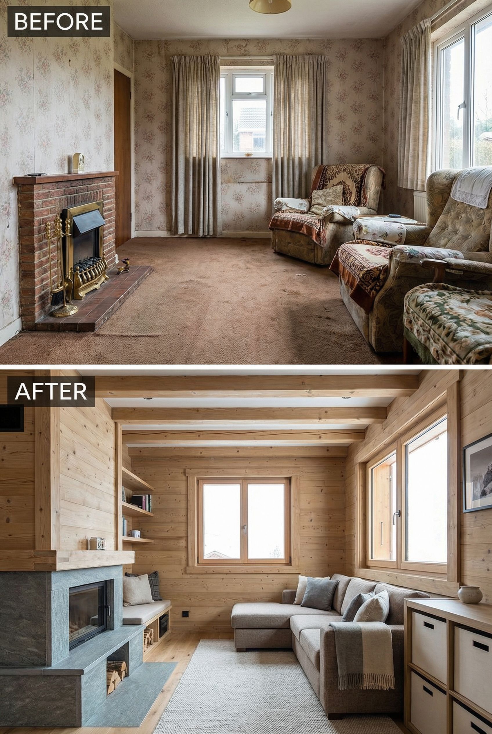 Tiny Outdated Living Room to Warm Chalet Rustic Retreat Using Space-Saving Design