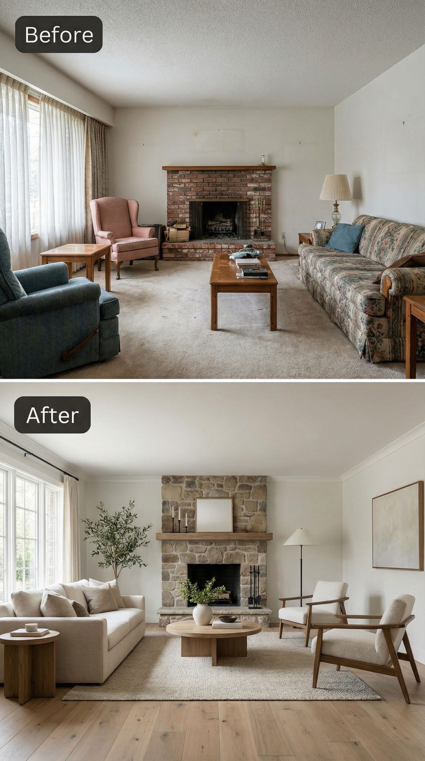 Tired Suburban Living Room → Elevated Natural Retreat