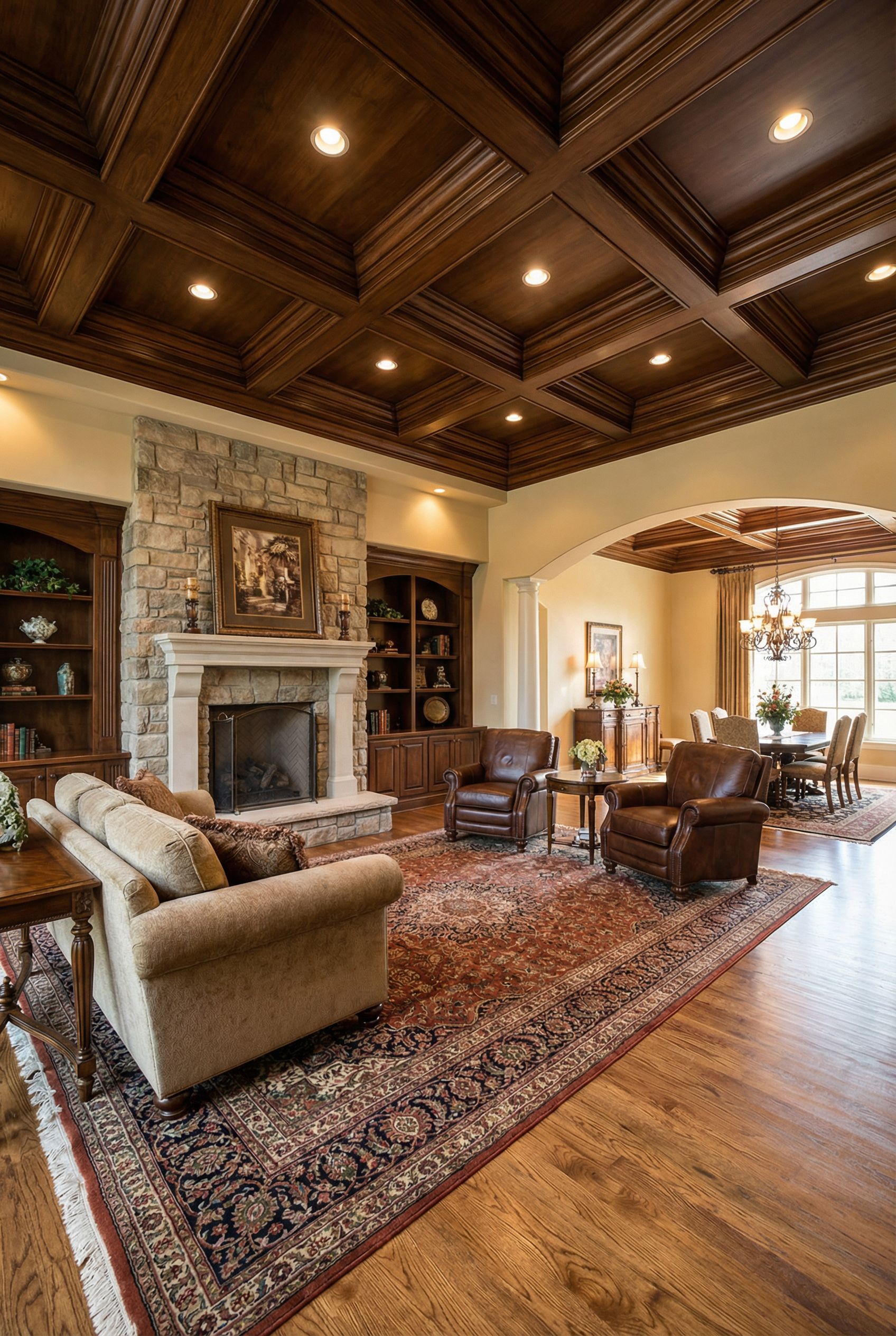 Traditional Luxury Great Room with Coffered Ceilings