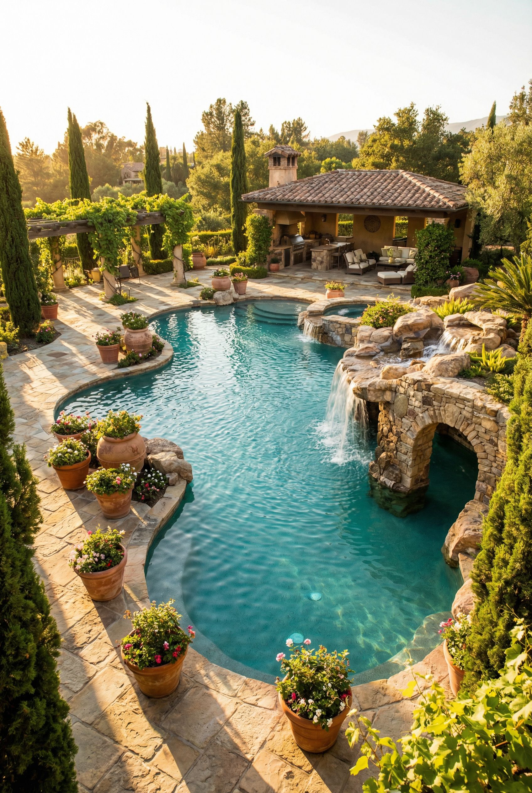 Tuscan-Inspired Luxury Backyard Pool with Grottos
