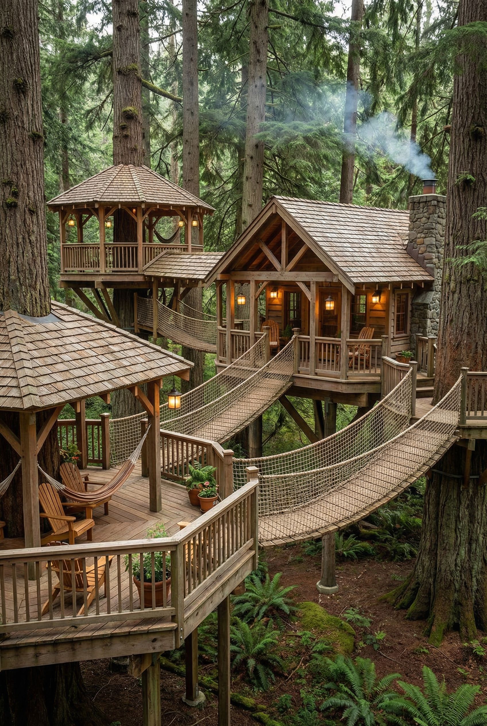 Twin-Tree House Connected by Rope Bridges