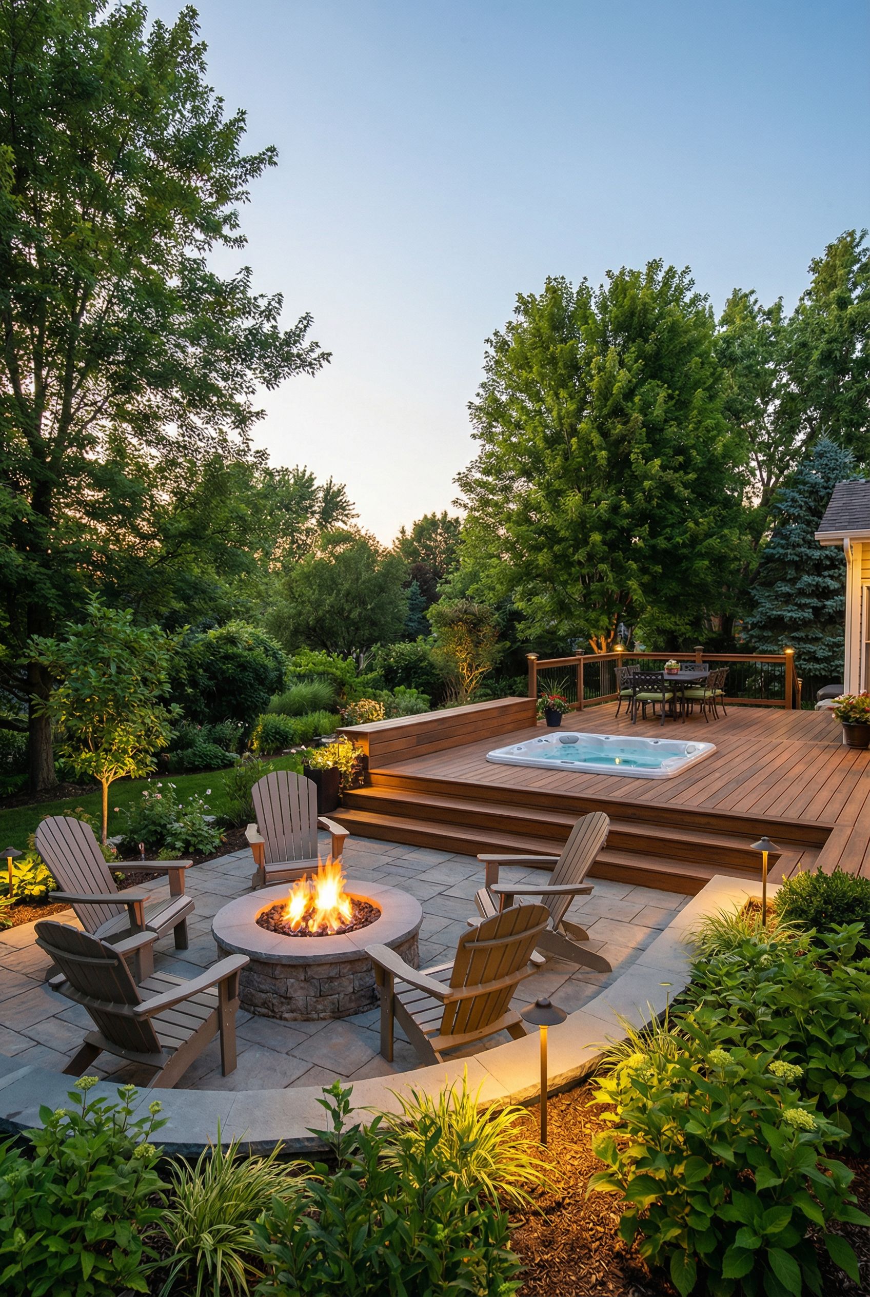 Two-Tier Deck with Spa Level and Fire Pit Stone Terrace
