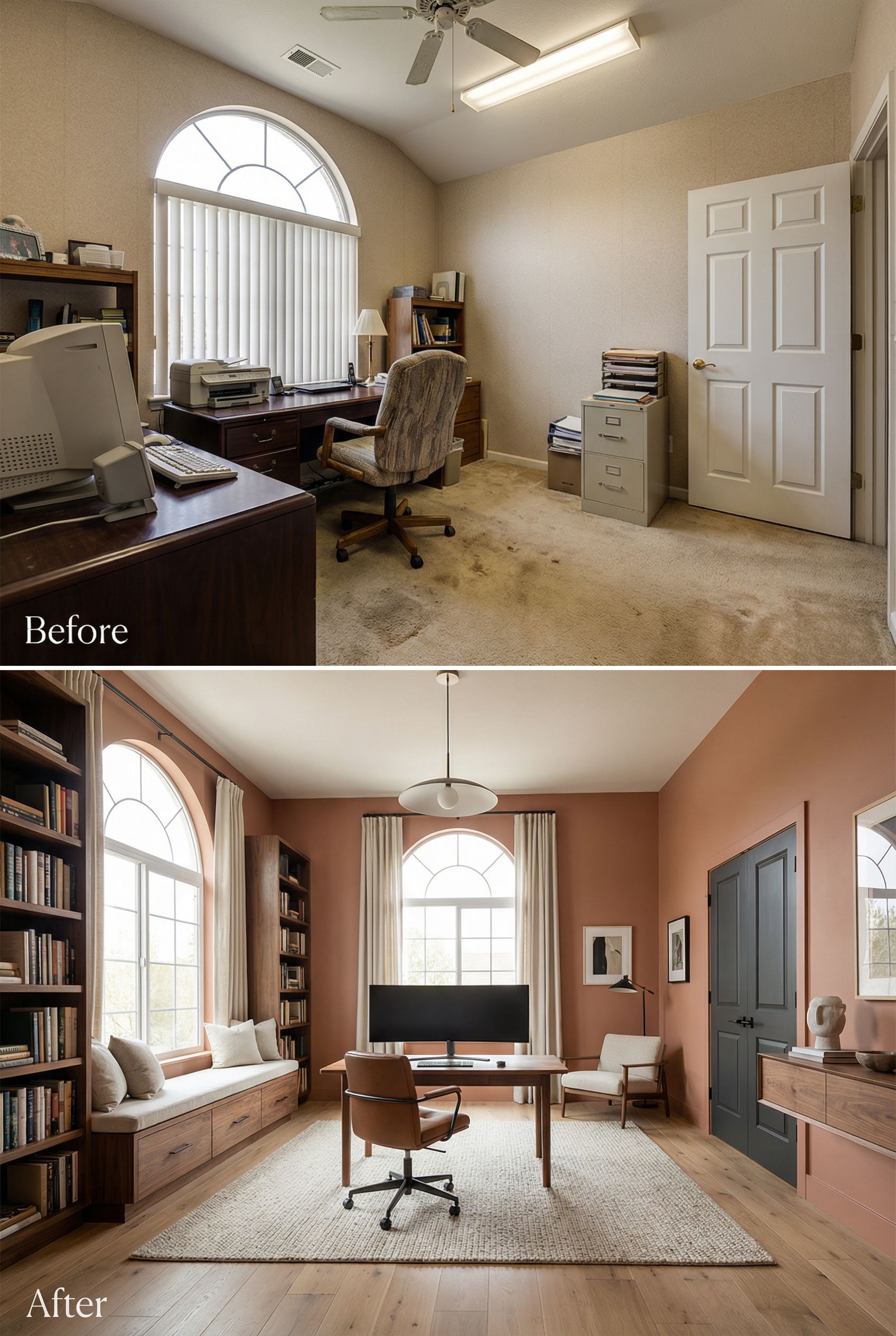 Ultra-Minimal California Modern Home Office with Invisible Bookshelves and a Clean, Serene Reading Setup