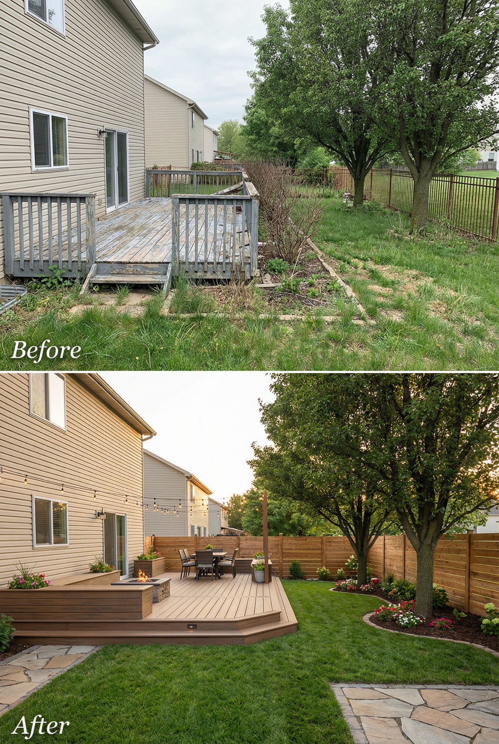Uneven backyard deck recrafted into a floating multi-tier relaxation grid