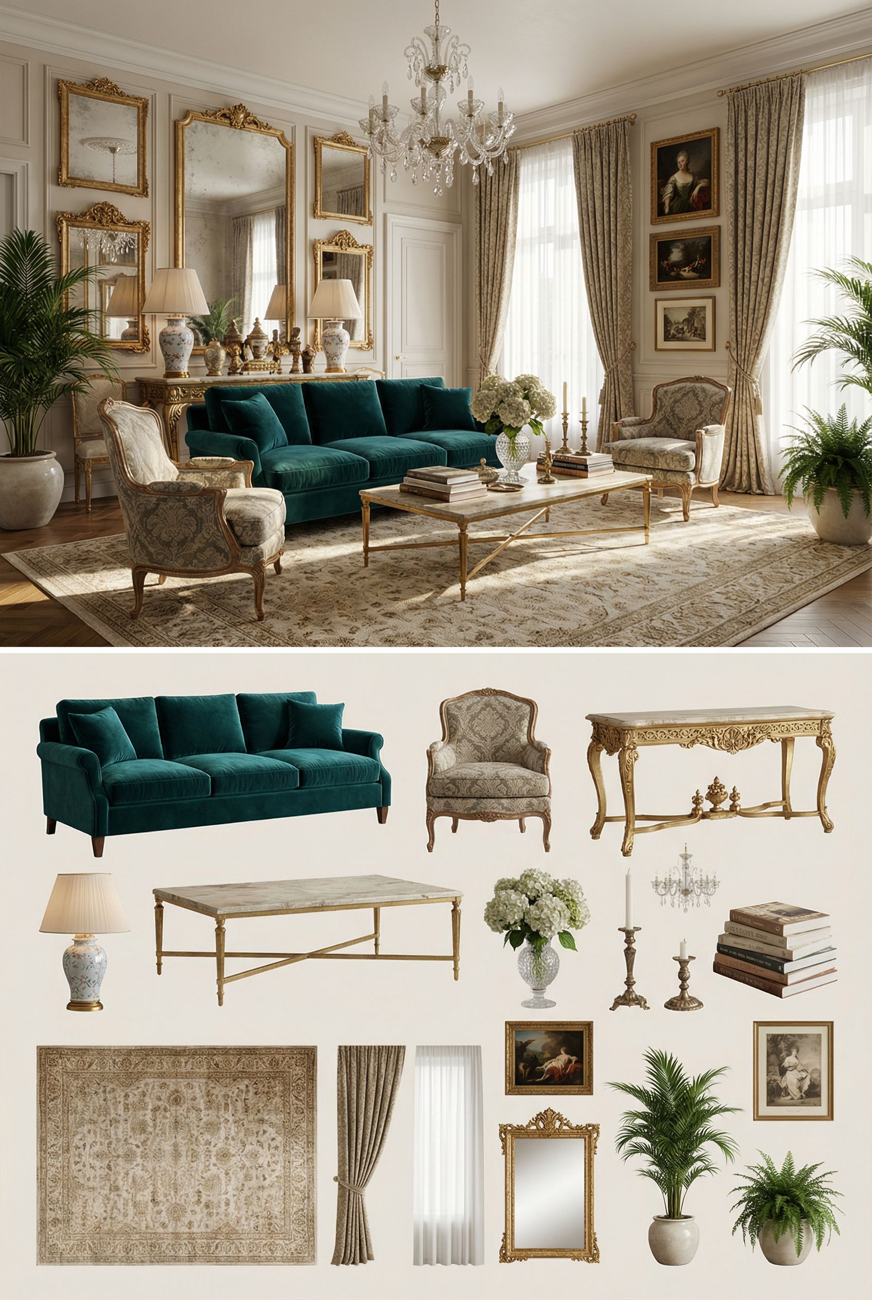 Venetian-Inspired Living Room with Gilded Mirrors